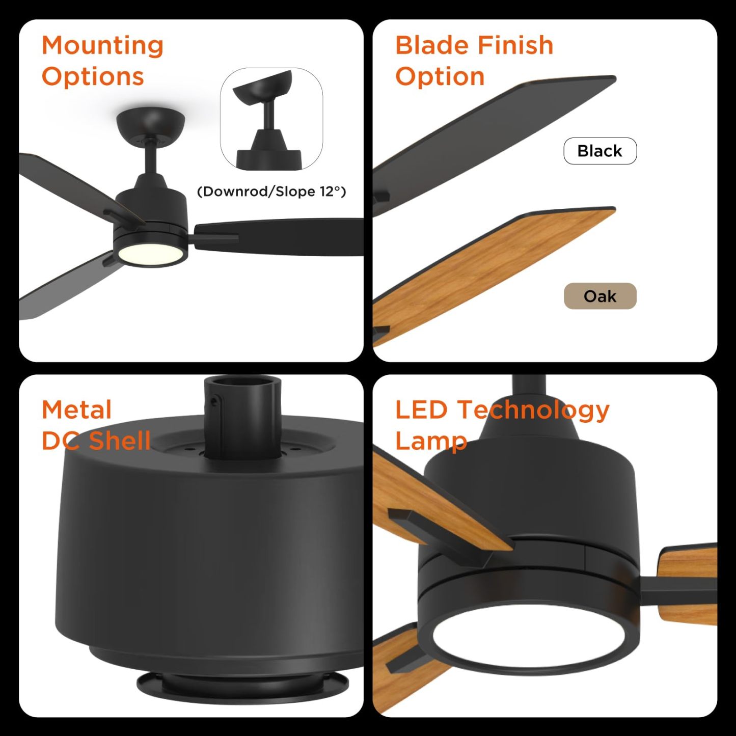 TALOYA 52 Inch Ceiling Fans with Lights Led Remote Control Low Profile for Living Room Bedroom Outdoor Farmhouse Patio Kitchen Dining Room,DC Motor,Reversible,3 Color Temperatures,Black