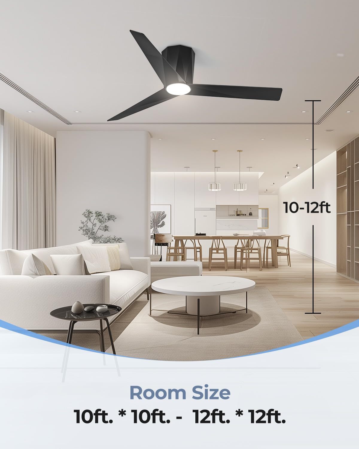 52 Inch Black Flush Mount Ceiling Fans with Led Dimmable 3 CCT Lights and Remote Control Modern Low Profile Ceiling Fan, Easy Installation, Whisper Quiet DC Motor, Bedroom Home Living Room 
