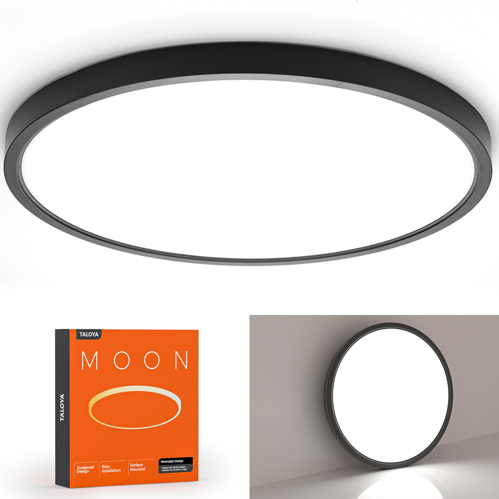TALOYA A5 Series 15.8 inch Flush Mount LED ceiling Light Fixture,36W,5000K, Black, Non-DIMMABLE