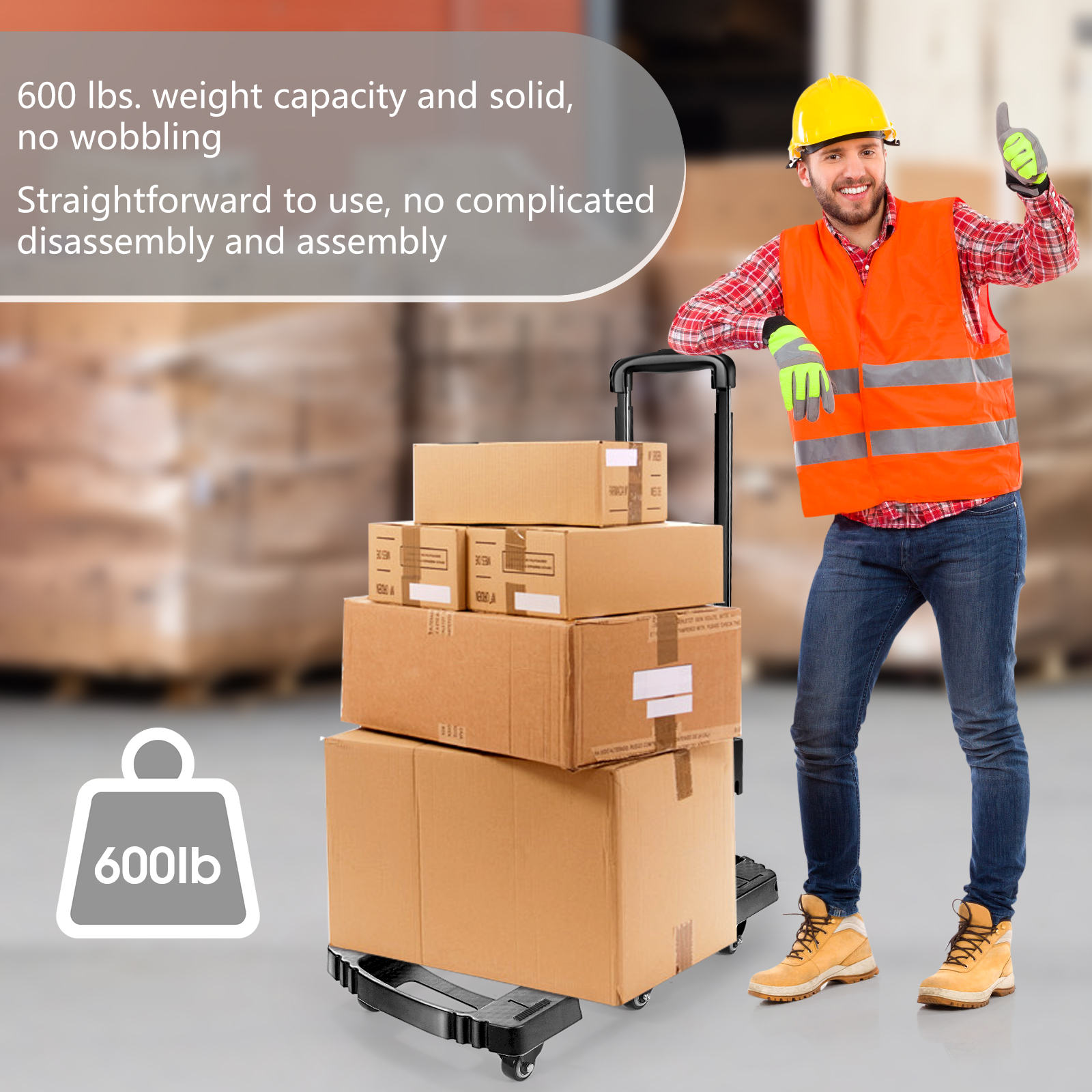 Folding Cart, 400kg Heavy-Duty Collapsible Trolley with Adjustable Metal Handle, 360° TPE Wheels, Push/Pull Utility Cart, 60×32×104cm