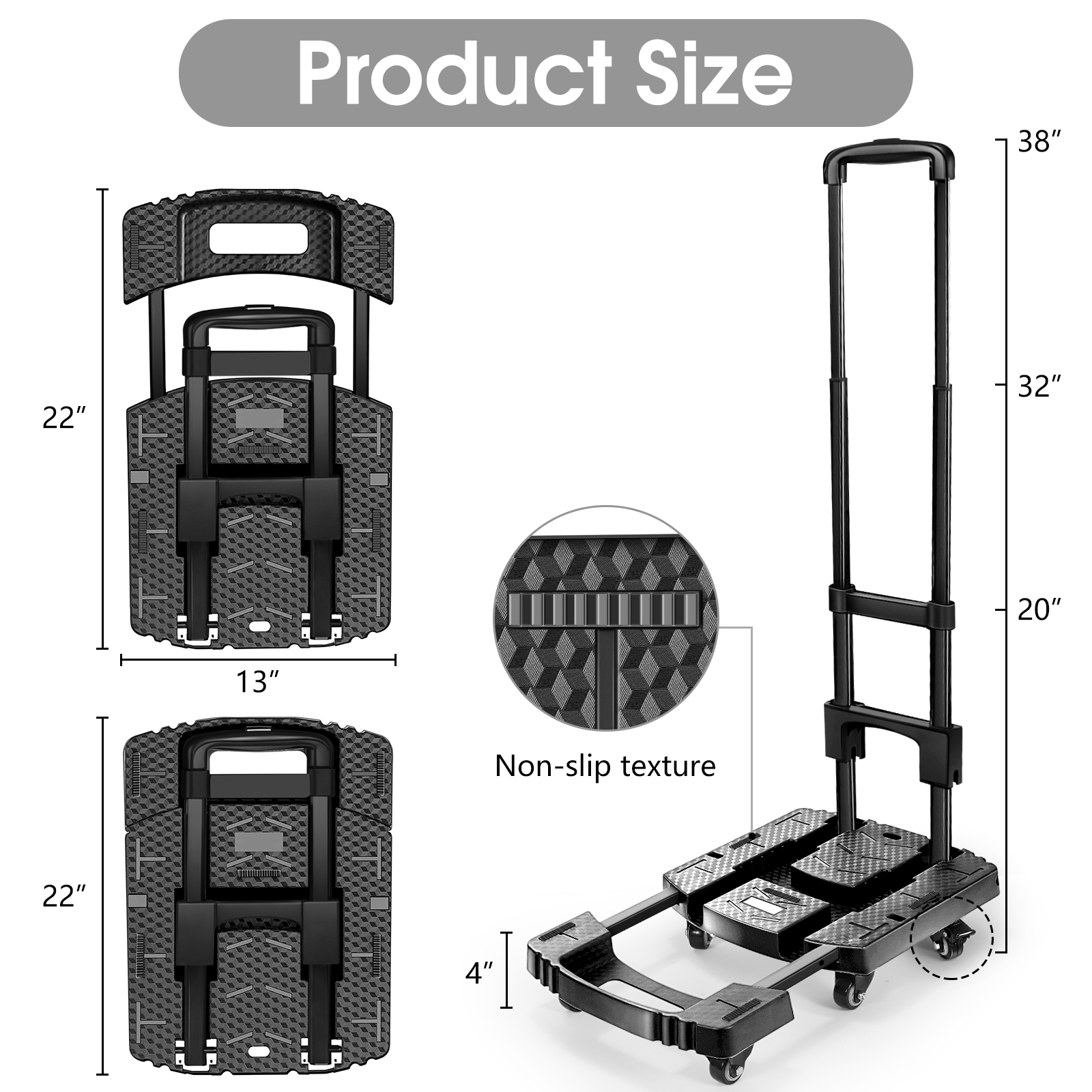 Folding Cart, 400kg Heavy-Duty Collapsible Trolley with Adjustable Metal Handle, 360° TPE Wheels, Push/Pull Utility Cart, 60×32×104cm