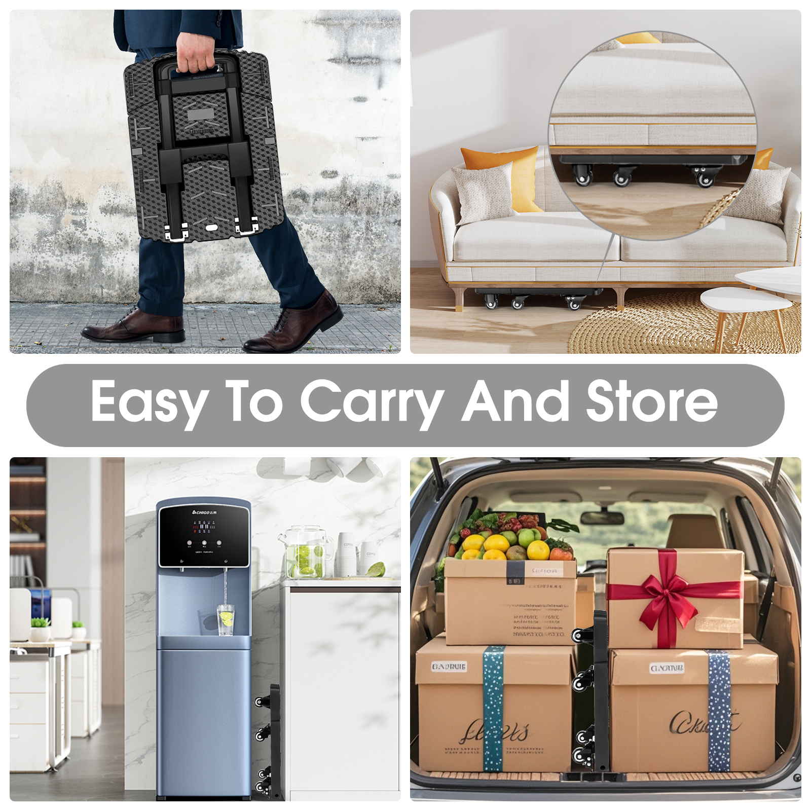 Folding Cart, 400kg Heavy-Duty Collapsible Trolley with Adjustable Metal Handle, 360° TPE Wheels, Push/Pull Utility Cart, 60×32×104cm