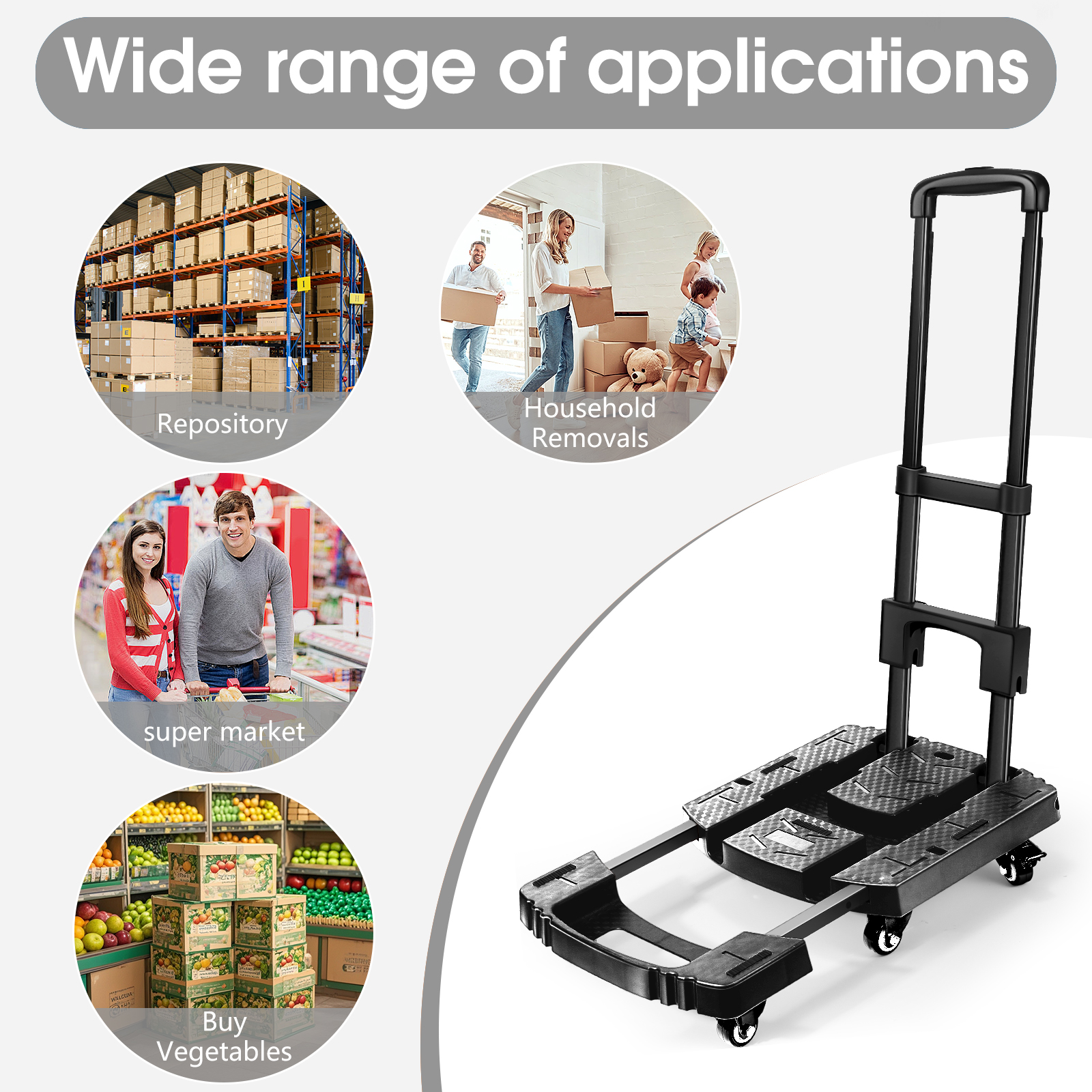 Folding Cart, 400kg Heavy-Duty Collapsible Trolley with Adjustable Metal Handle, 360° TPE Wheels, Push/Pull Utility Cart, 60×32×104cm