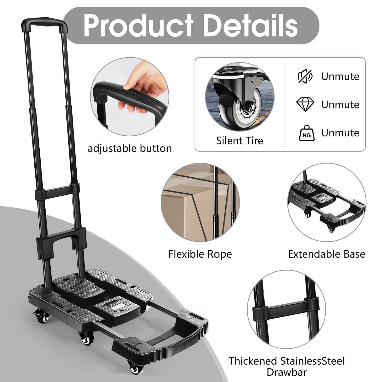 Folding Cart, 400kg Heavy-Duty Collapsible Trolley with Adjustable Metal Handle, 360° TPE Wheels, Push/Pull Utility Cart, 60×32×104cm