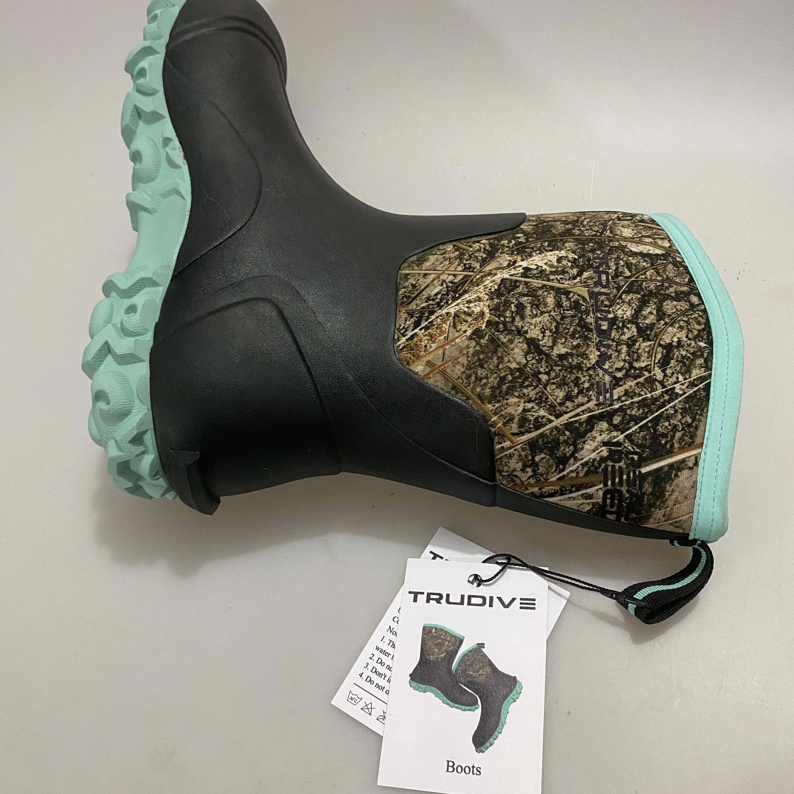 TRUDIVE  Boots, Neoprene Rubber, Tree Camo, US Size 12, Pull-On, Non-Slip Rubber Sole