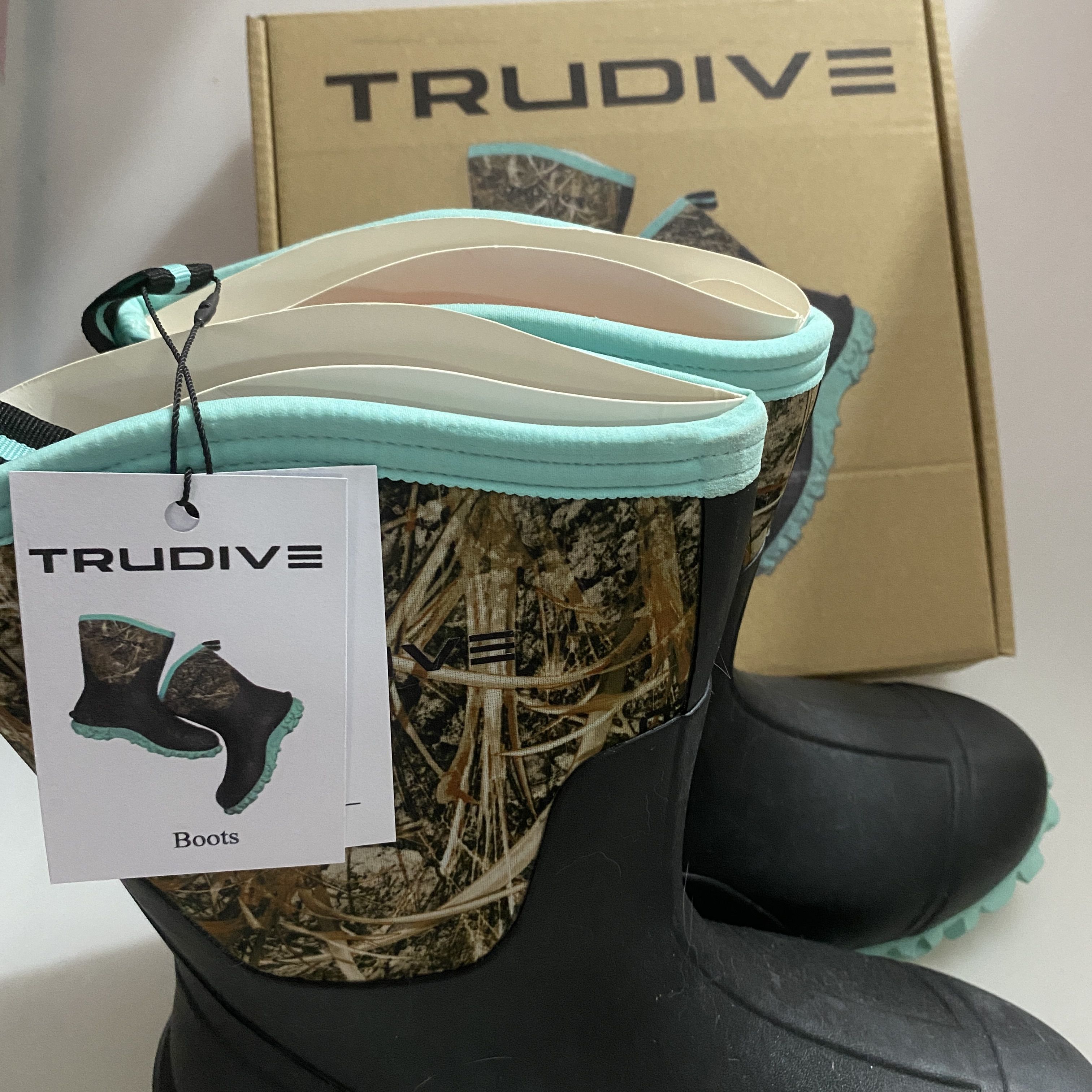 TRUDIVE  Boots, Neoprene Rubber, Tree Camo, US Size 12, Pull-On, Non-Slip Rubber Sole
