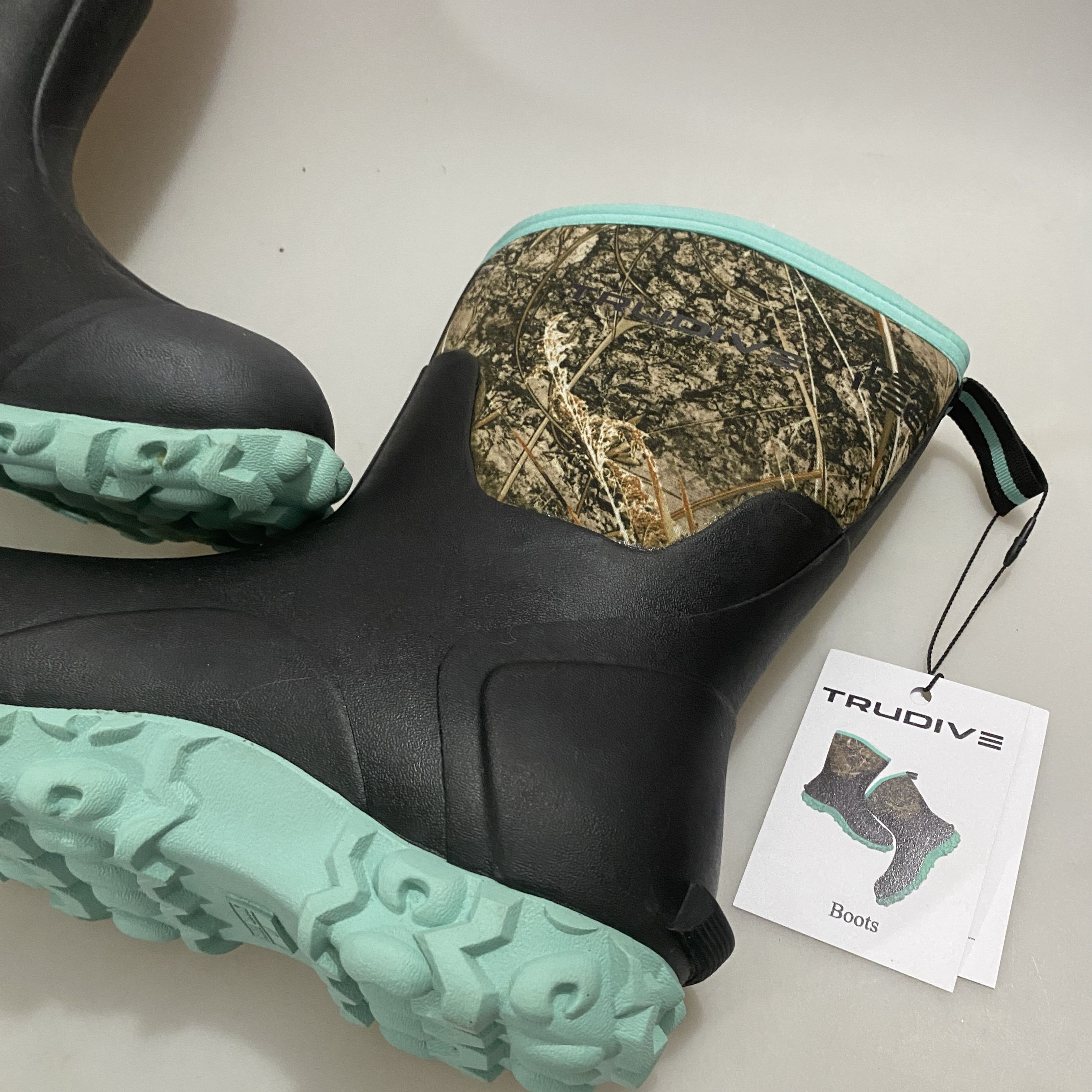 TRUDIVE  Boots, Neoprene Rubber, Tree Camo, US Size 12, Pull-On, Non-Slip Rubber Sole