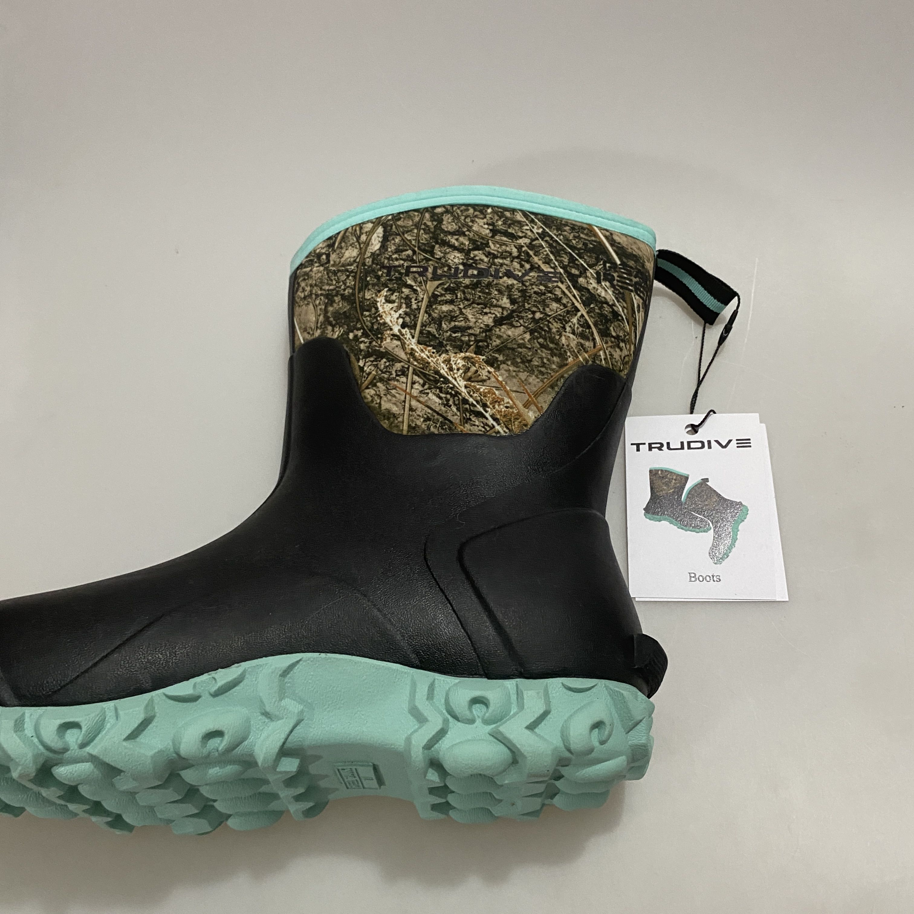 TRUDIVE  Boots, Neoprene Rubber, Tree Camo, US Size 12, Pull-On, Non-Slip Rubber Sole