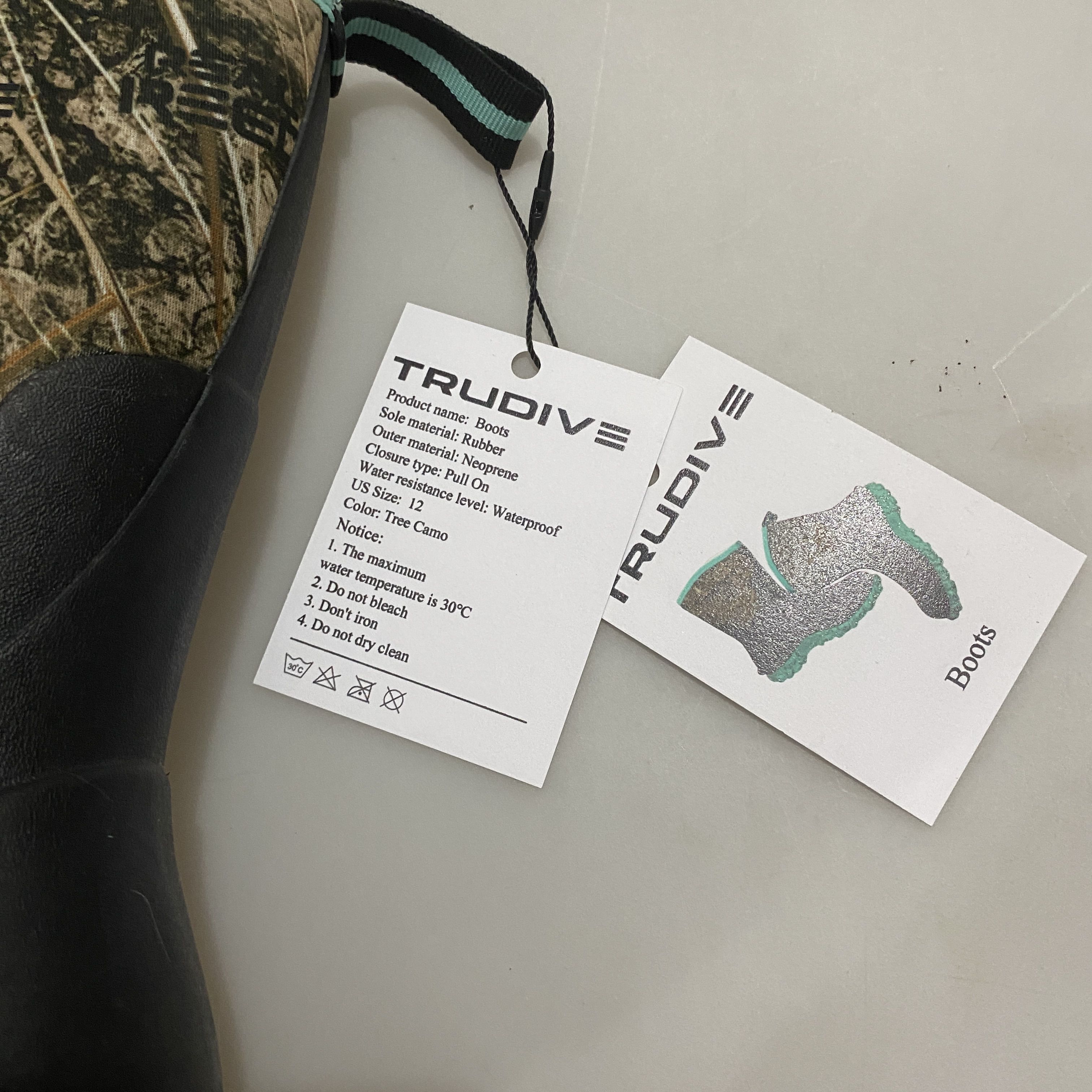 TRUDIVE  Boots, Neoprene Rubber, Tree Camo, US Size 12, Pull-On, Non-Slip Rubber Sole