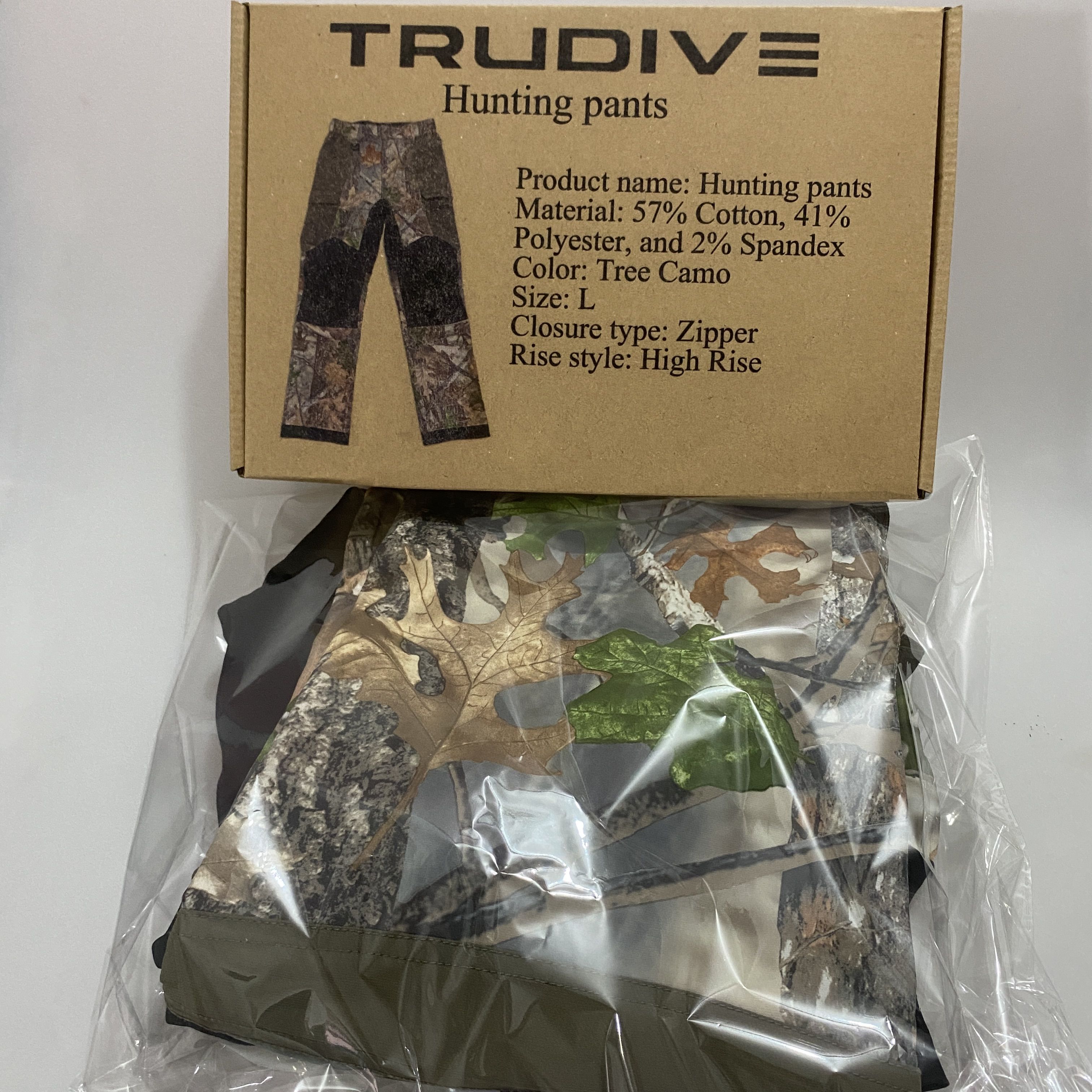 TRUDIVE Hunting Pants, 57% Cotton, 41% Polyester, 2% Spandex, Tree Camo, Size L, High Rise, Zipper Closure
