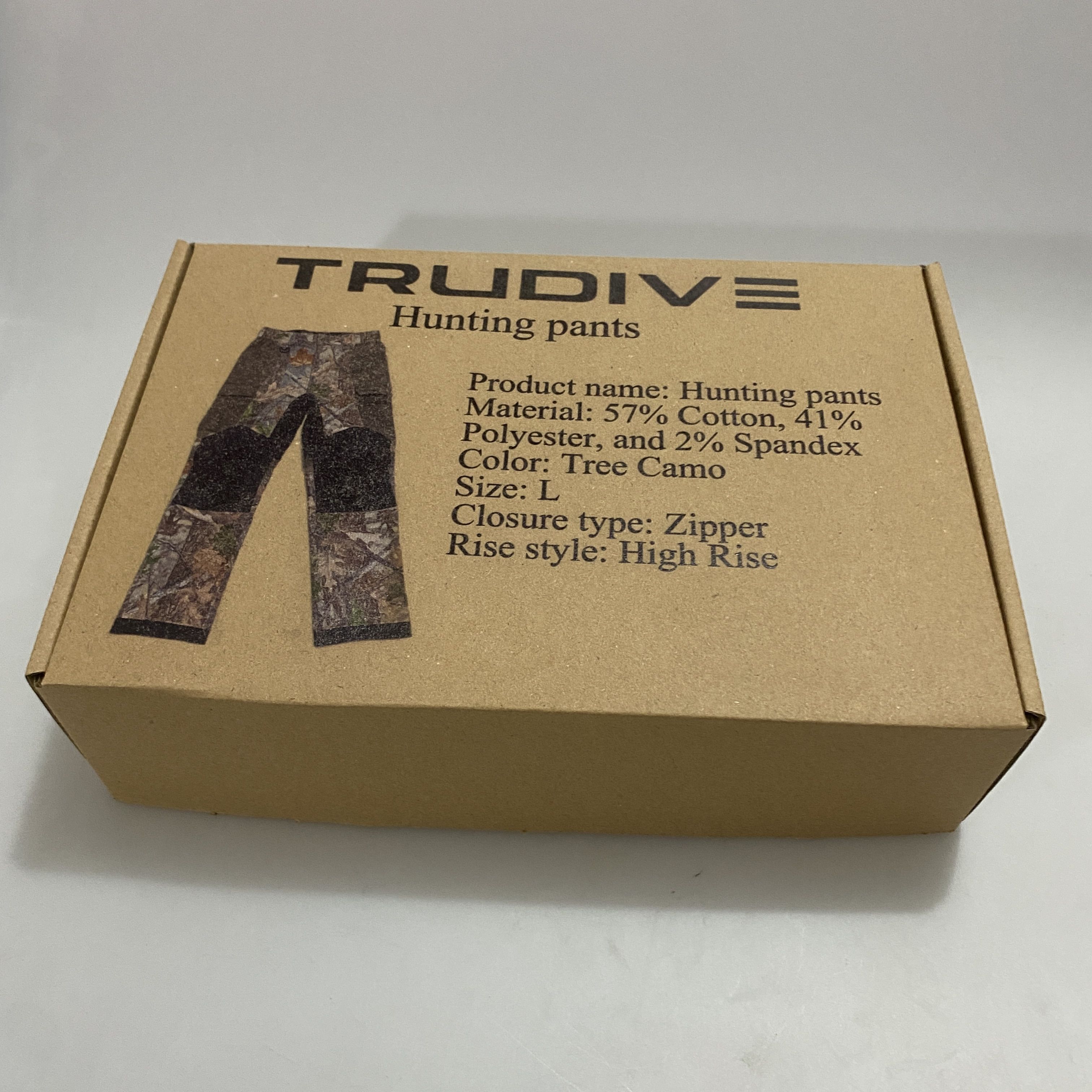 TRUDIVE Hunting Pants, 57% Cotton, 41% Polyester, 2% Spandex, Tree Camo, Size L, High Rise, Zipper Closure