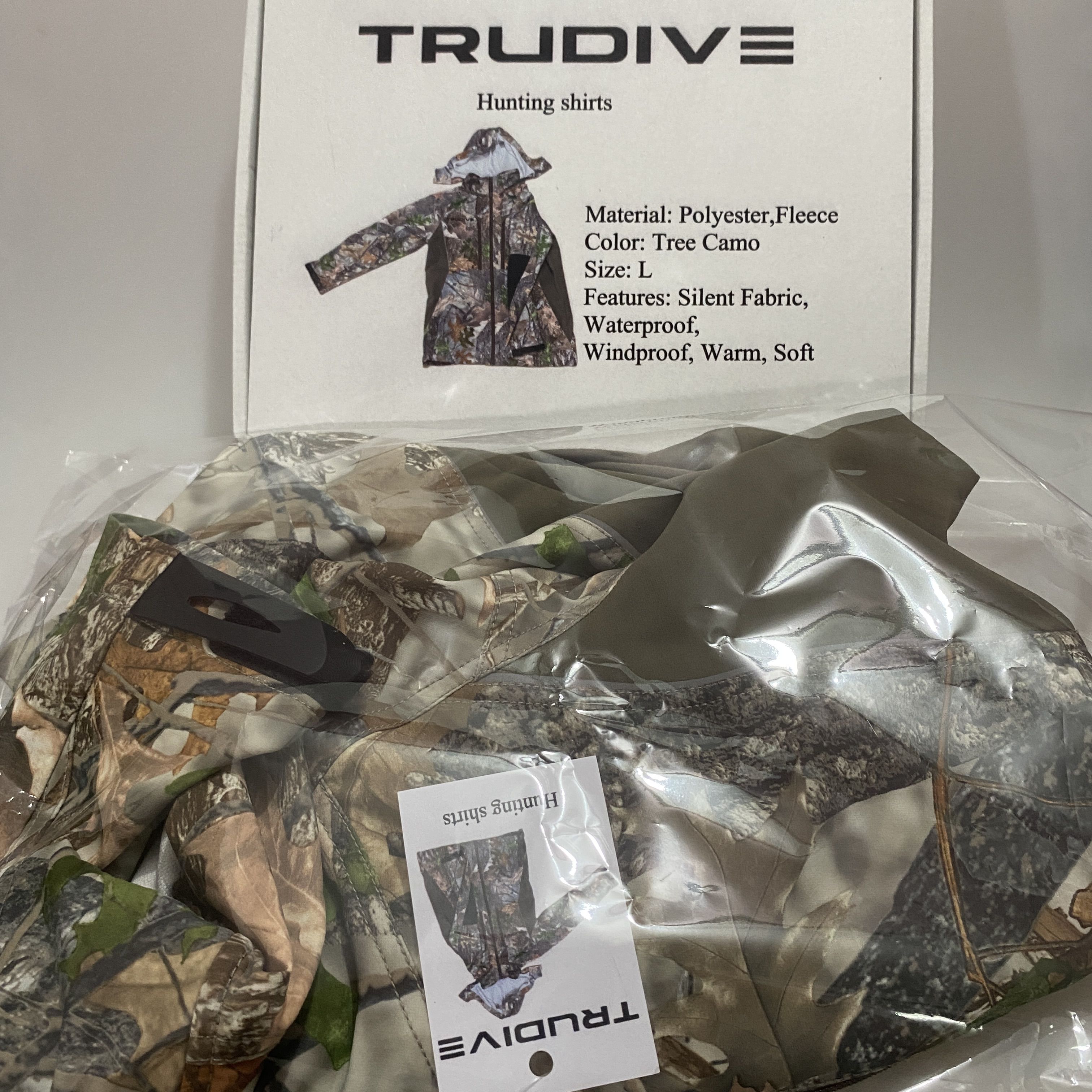 TRUDIVE Hunting Shirts, Polyester & Wool, Tree Camo, Size L, Silent Fabric, Waterproof, Windproof, Warm, Soft