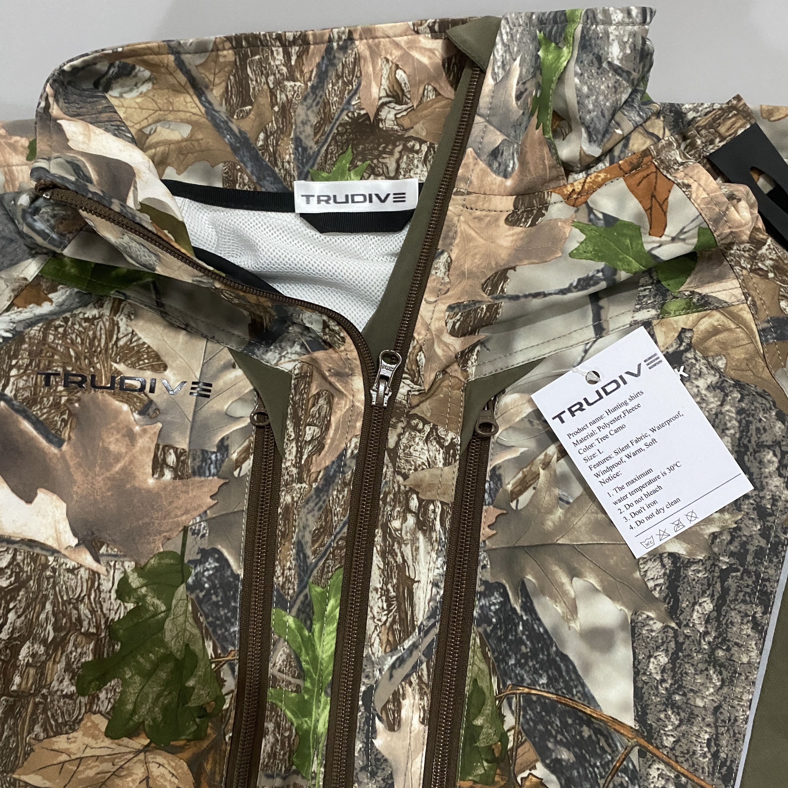 TRUDIVE Hunting Shirts, Polyester & Wool, Tree Camo, Size L, Silent Fabric, Waterproof, Windproof, Warm, Soft