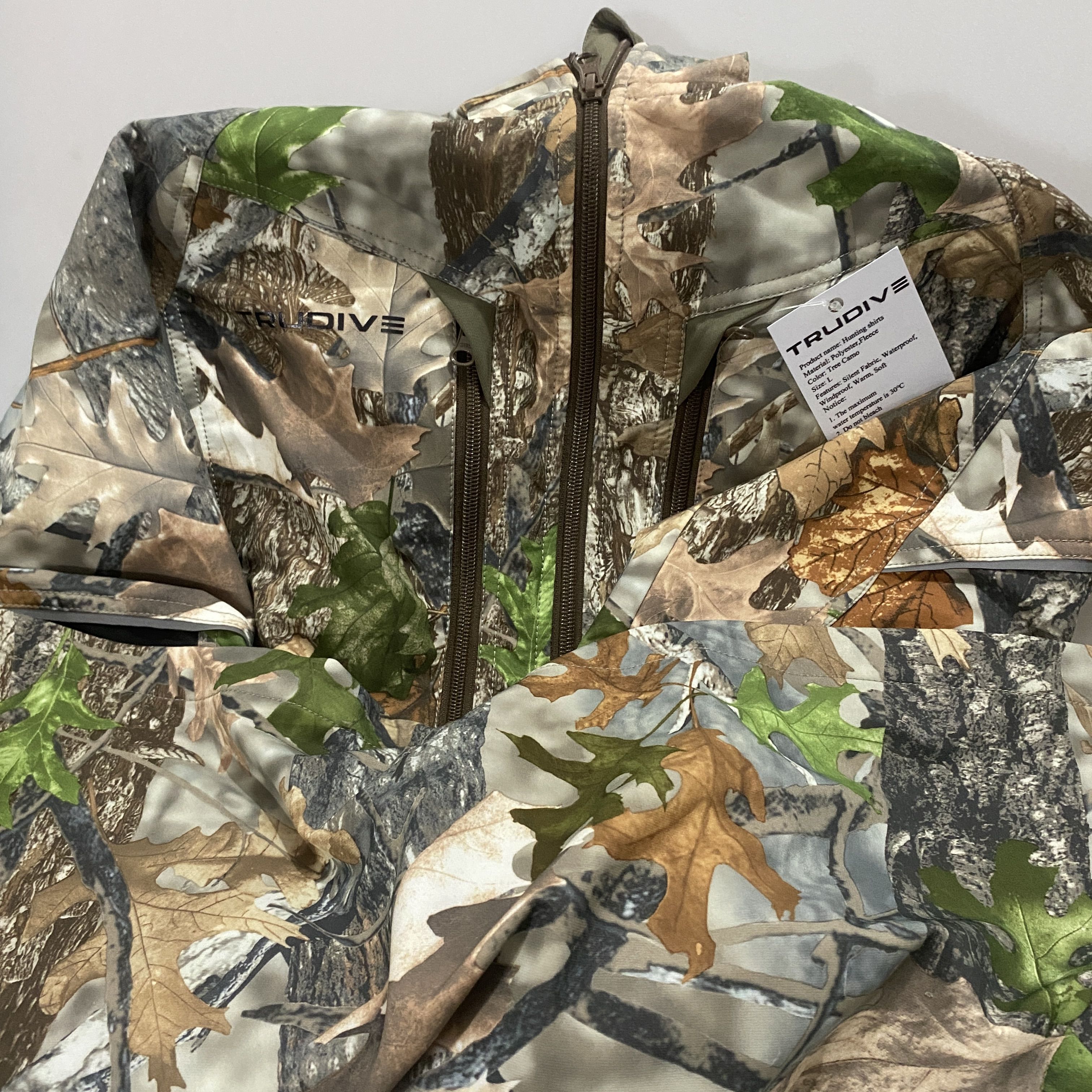 TRUDIVE Hunting Shirts, Polyester & Wool, Tree Camo, Size L, Silent Fabric, Waterproof, Windproof, Warm, Soft