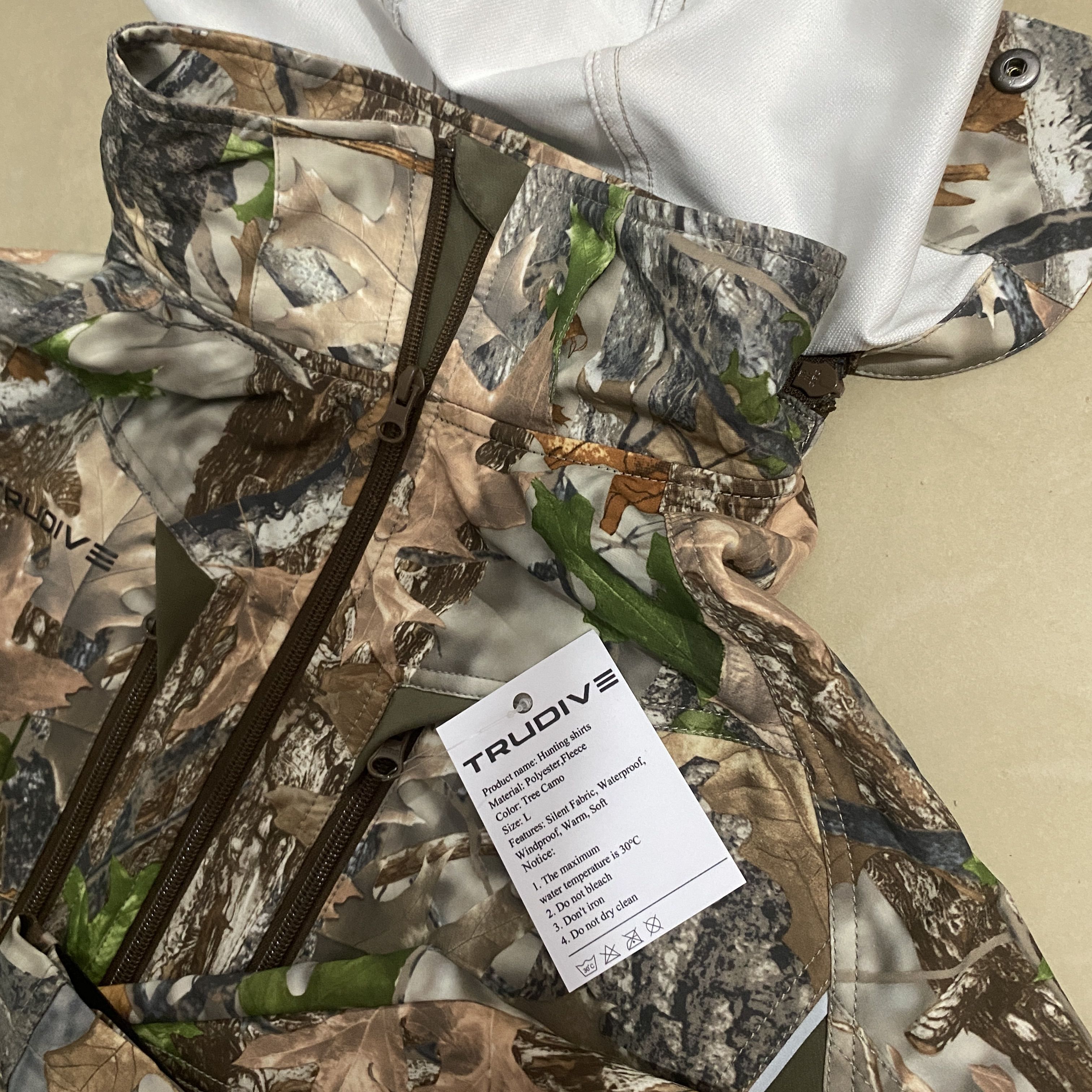 TRUDIVE Hunting Shirts, Polyester & Wool, Tree Camo, Size L, Silent Fabric, Waterproof, Windproof, Warm, Soft