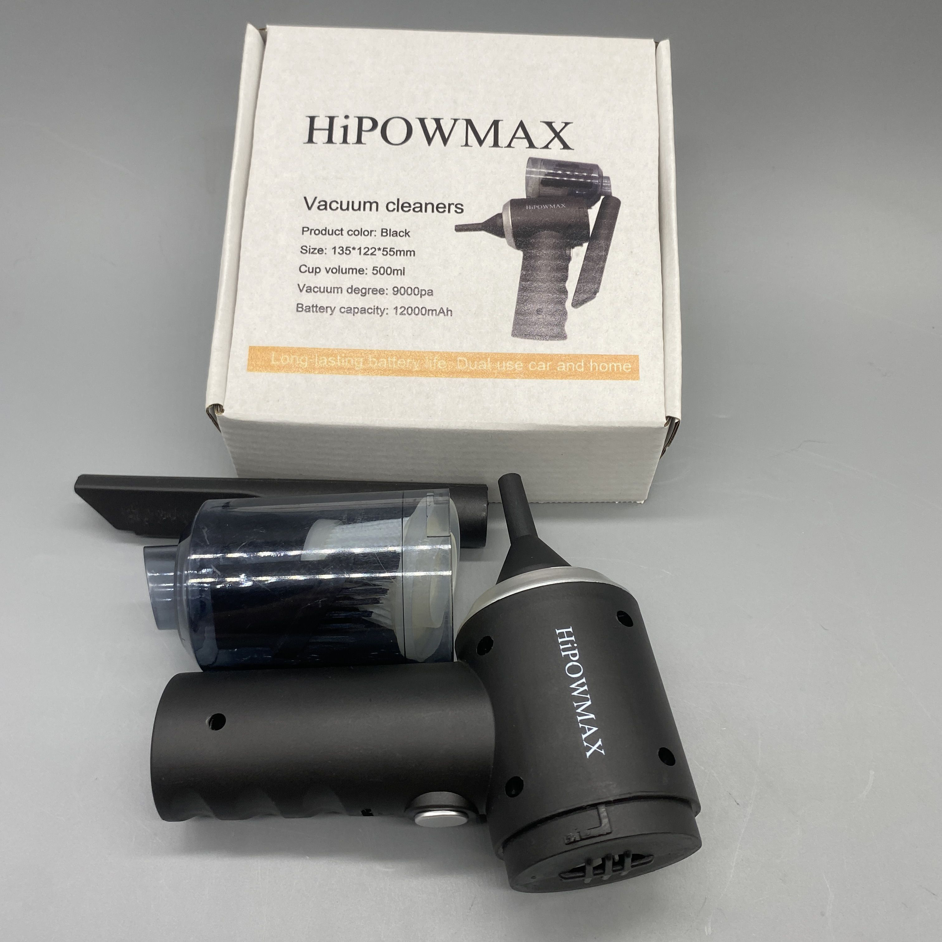 HiPOWMAX Vacuum Cleaner - 9000Pa Powerful Suction, 500ml Capacity, 12000mAh Battery, Black, Compact Size 135*122*55mm, Dual Use for Car and Home
