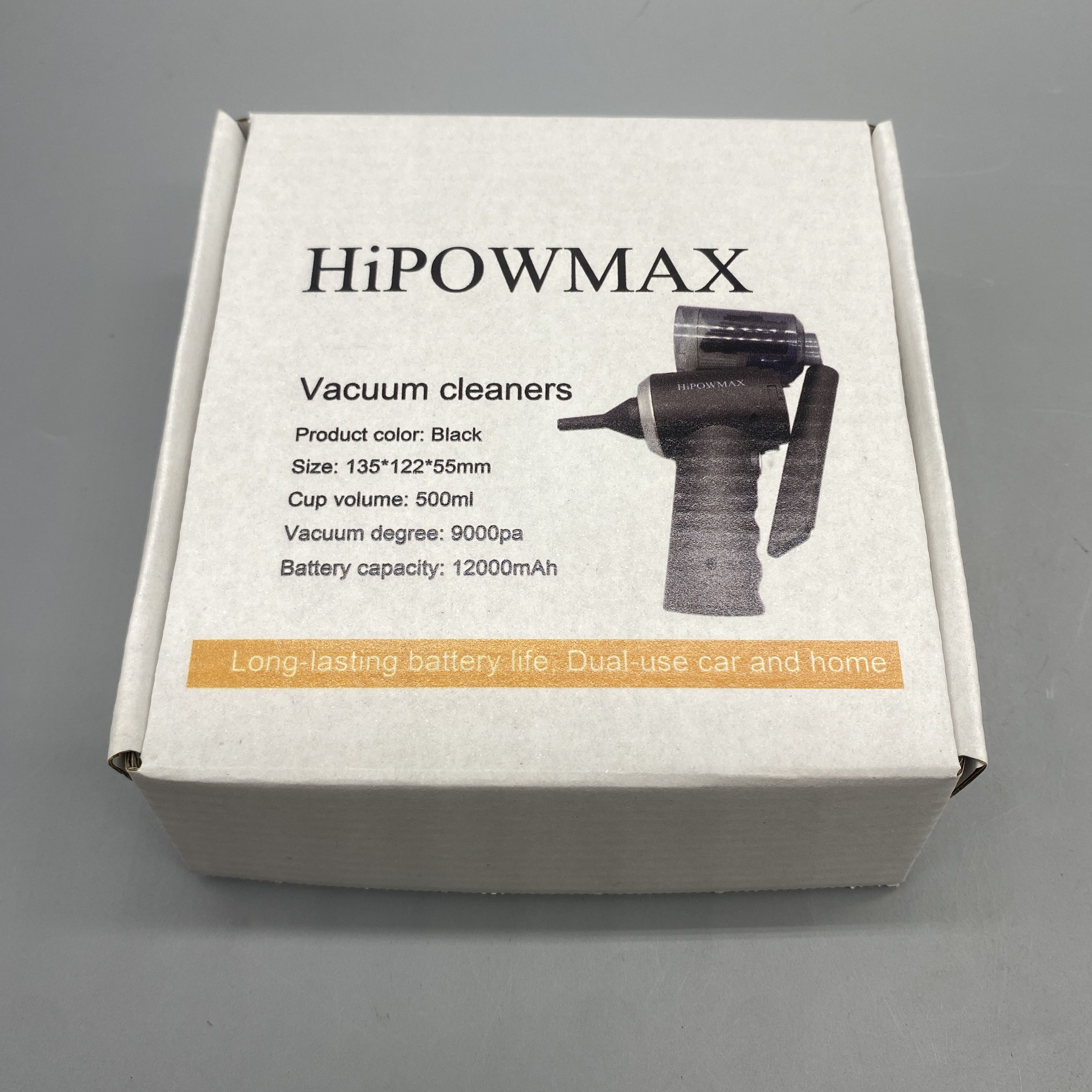 HiPOWMAX Vacuum Cleaner - 9000Pa Powerful Suction, 500ml Capacity, 12000mAh Battery, Black, Compact Size 135*122*55mm, Dual Use for Car and Home