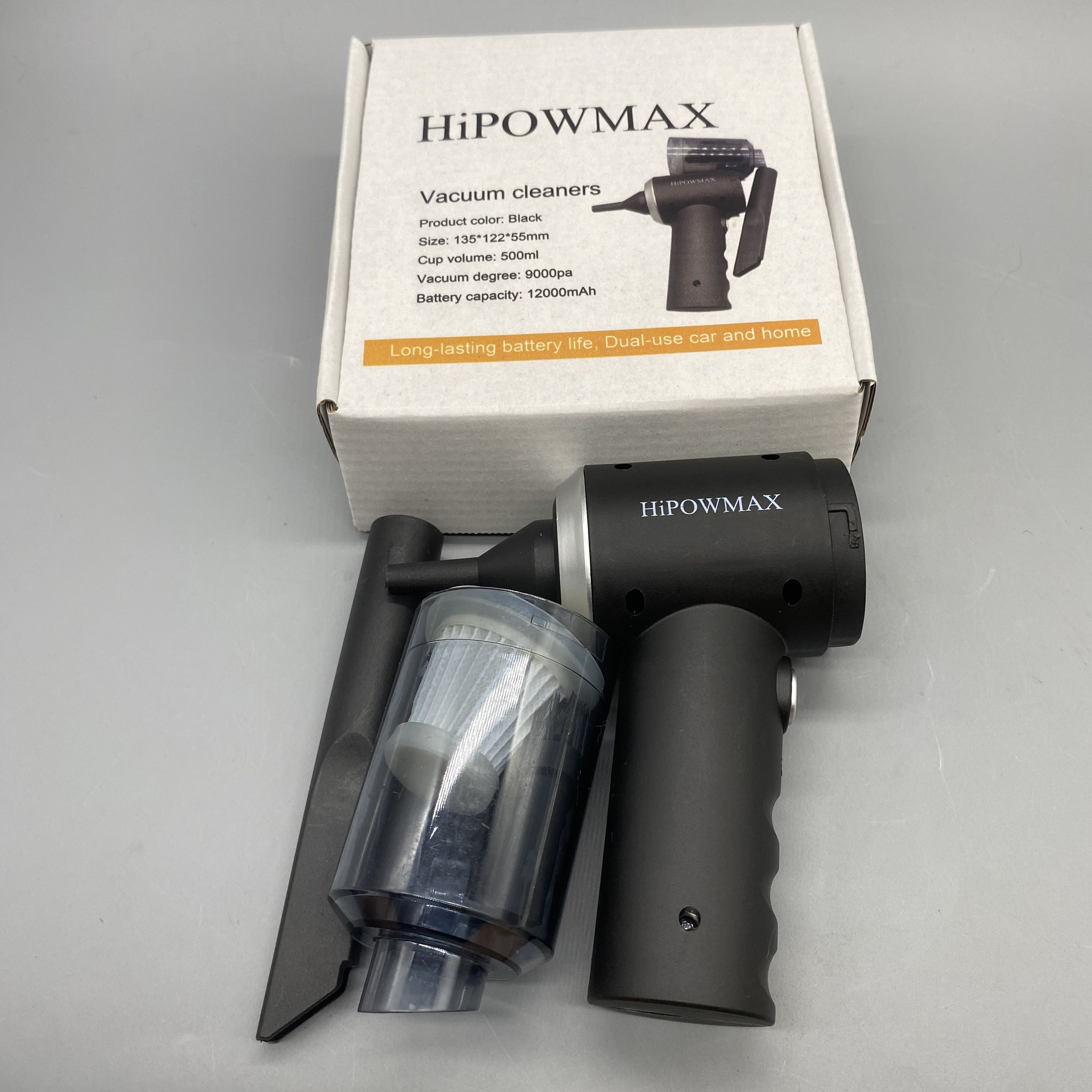 HiPOWMAX Vacuum Cleaner - 9000Pa Powerful Suction, 500ml Capacity, 12000mAh Battery, Black, Compact Size 135*122*55mm, Dual Use for Car and Home
