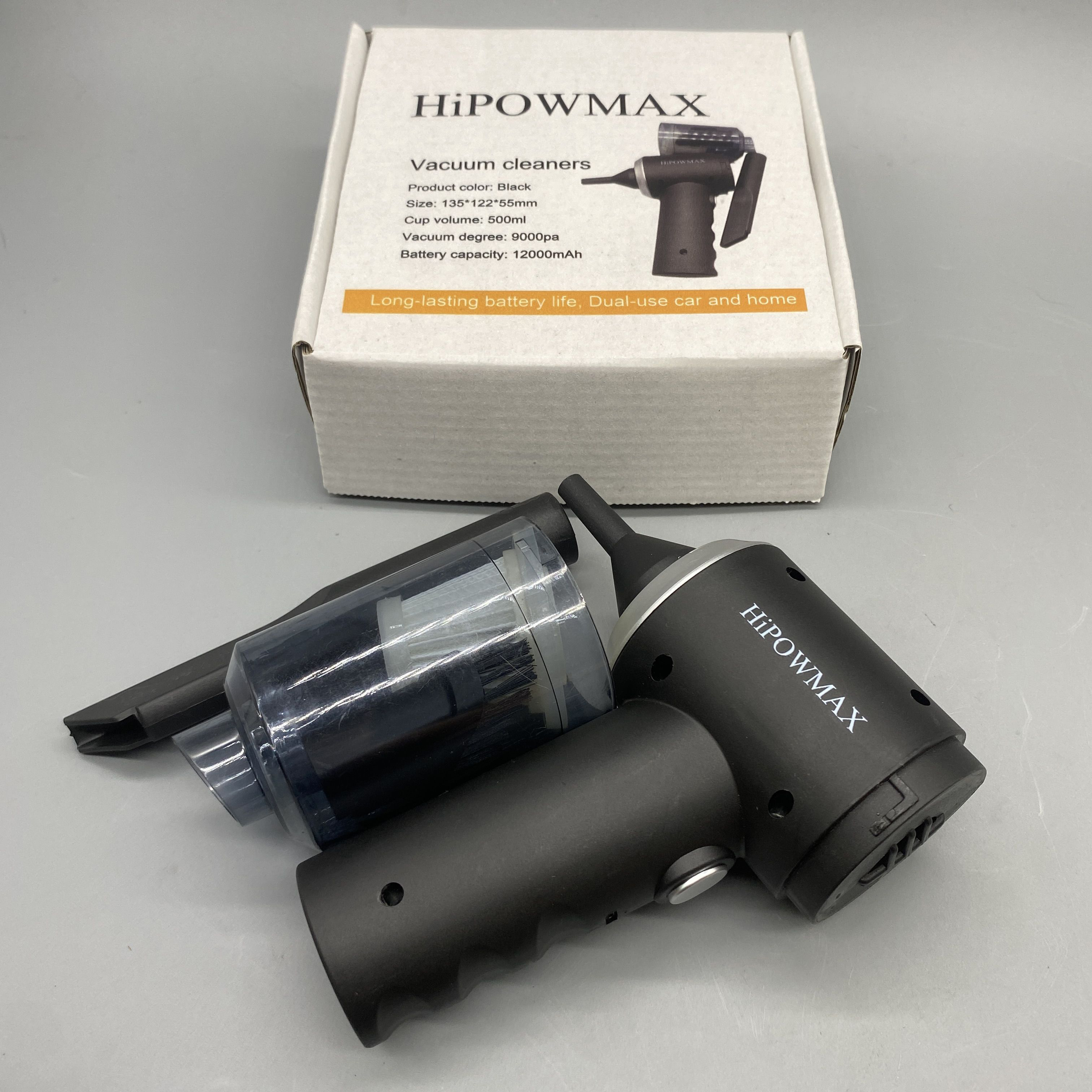HiPOWMAX Vacuum Cleaner - 9000Pa Powerful Suction, 500ml Capacity, 12000mAh Battery, Black, Compact Size 135*122*55mm, Dual Use for Car and Home