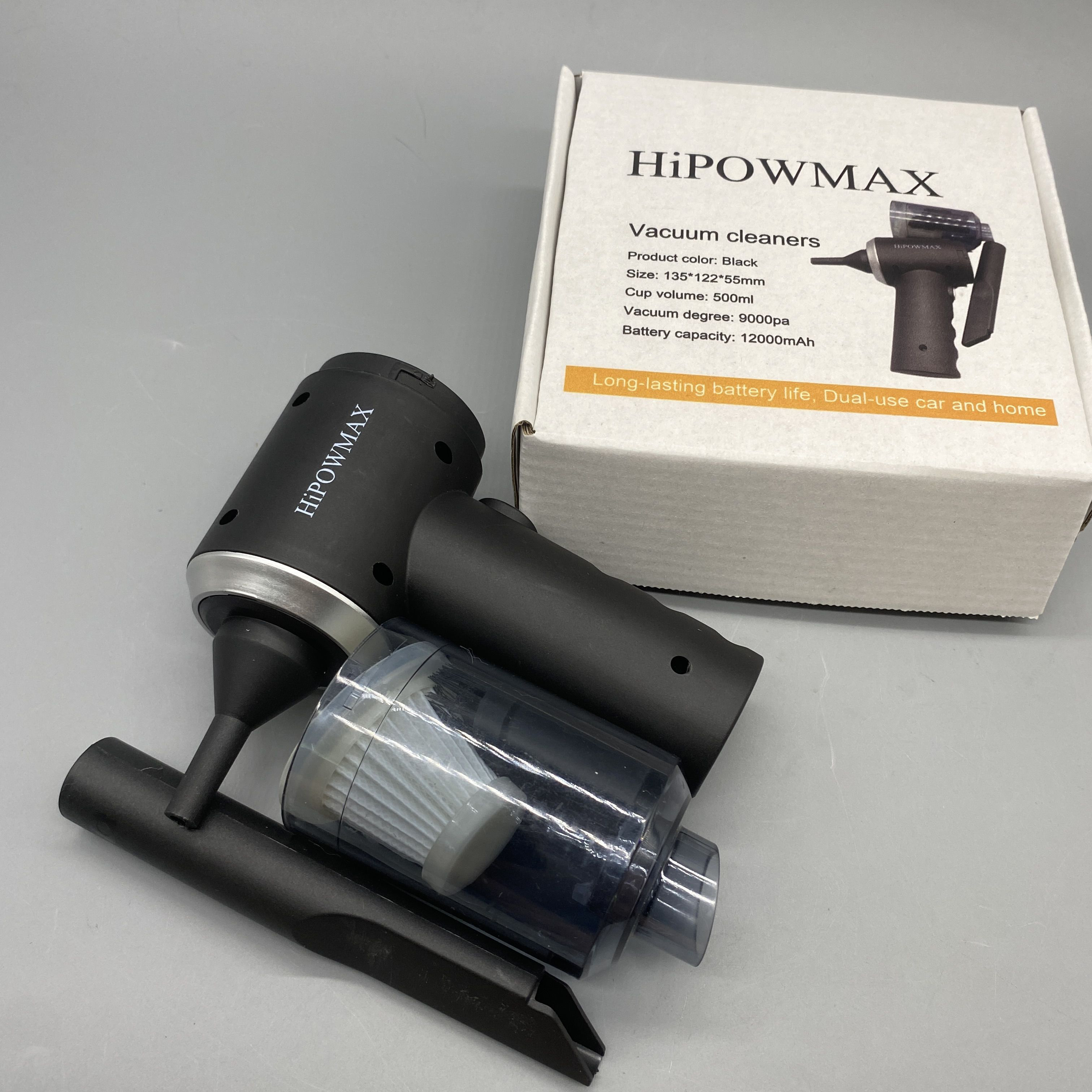 HiPOWMAX Vacuum Cleaner - 9000Pa Powerful Suction, 500ml Capacity, 12000mAh Battery, Black, Compact Size 135*122*55mm, Dual Use for Car and Home