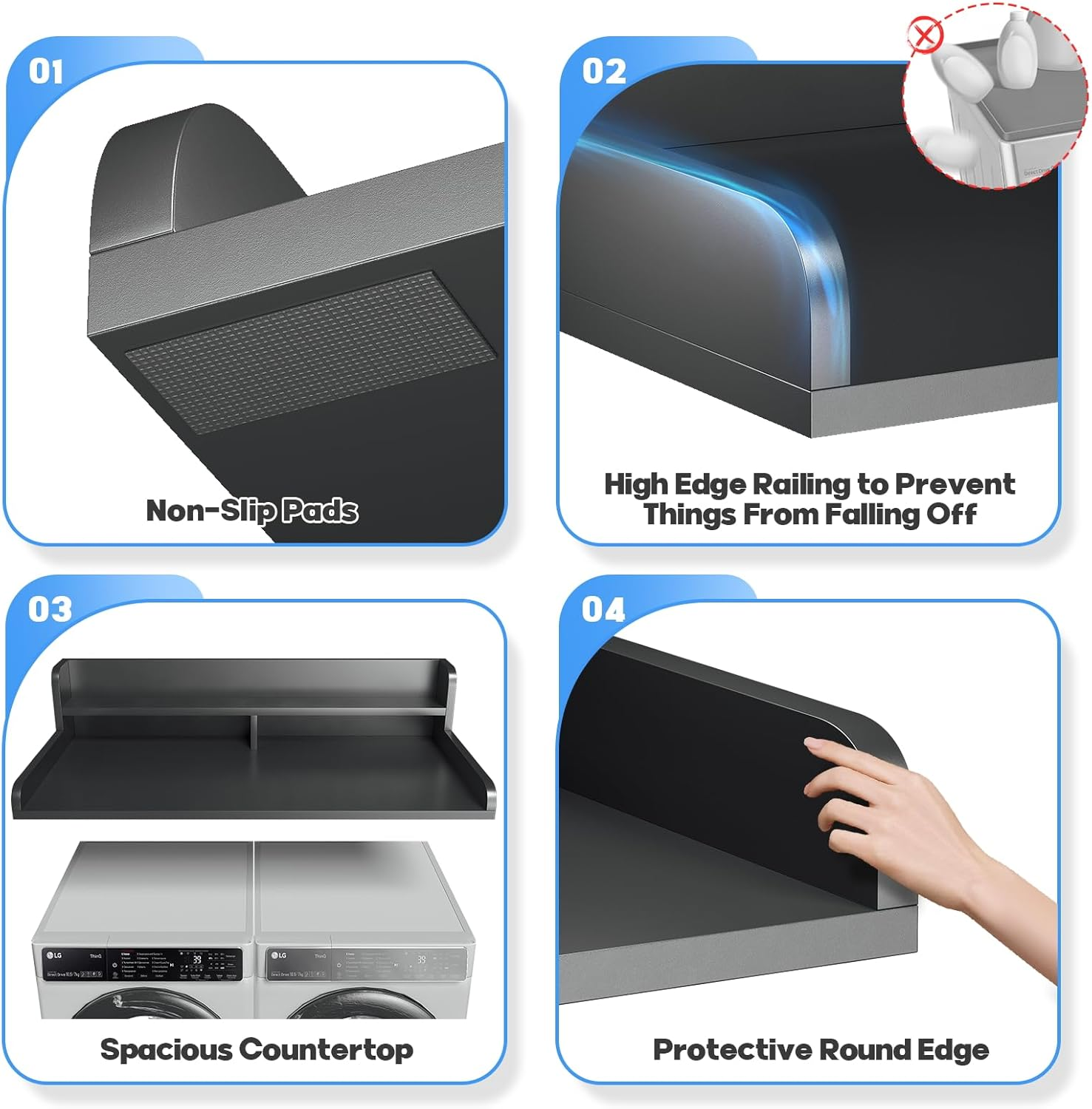 2-Tier Washer And Dryer Countertop With 2.75"H Guard,54"W x 27.5"D Laundry Countertop Cover With Non-Slip Pad,Large Space Laundry Topper For Folding Clothes Over Washer And Dryer