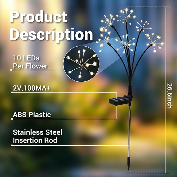 Solar Garden Lights Set of 2, 120 LED Flickering Firework Effect Lights with Two Lighting Options, Waterproof Solar Outdoor Lights for Garden, Pathway & Yard Decoration, Perfect Gift for Her