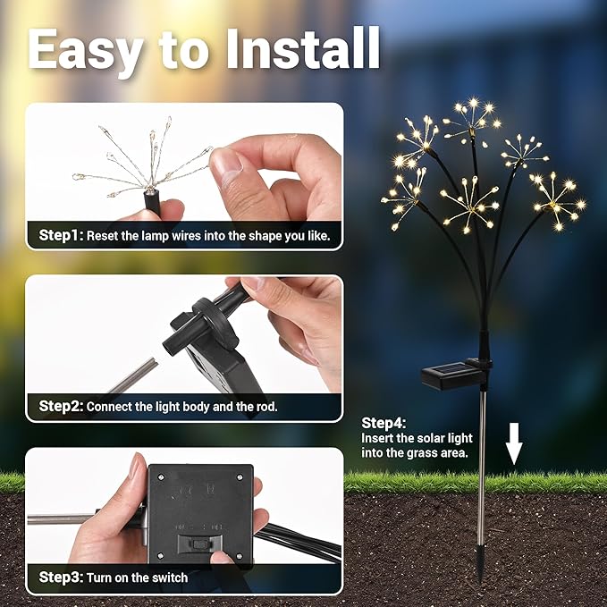 Solar Garden Lights Set of 2, 120 LED Flickering Firework Effect Lights with Two Lighting Options, Waterproof Solar Outdoor Lights for Garden, Pathway & Yard Decoration, Perfect Gift for Her