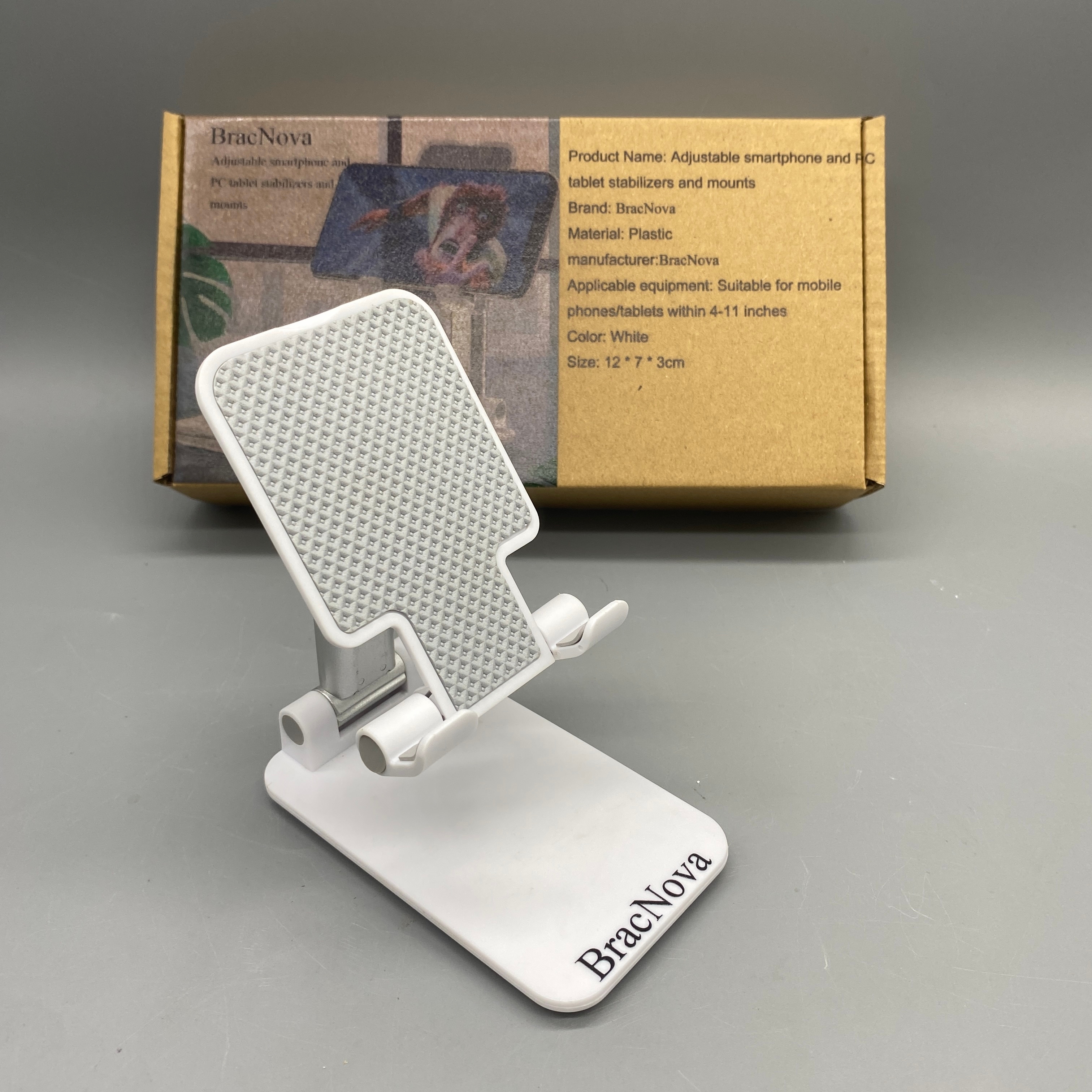 BracNova Adjustable smartphone and PC tablet stabilizers and mounts - Compatible with 4-11 Inch Devices, Plastic Mount, White, 12x7x3cm