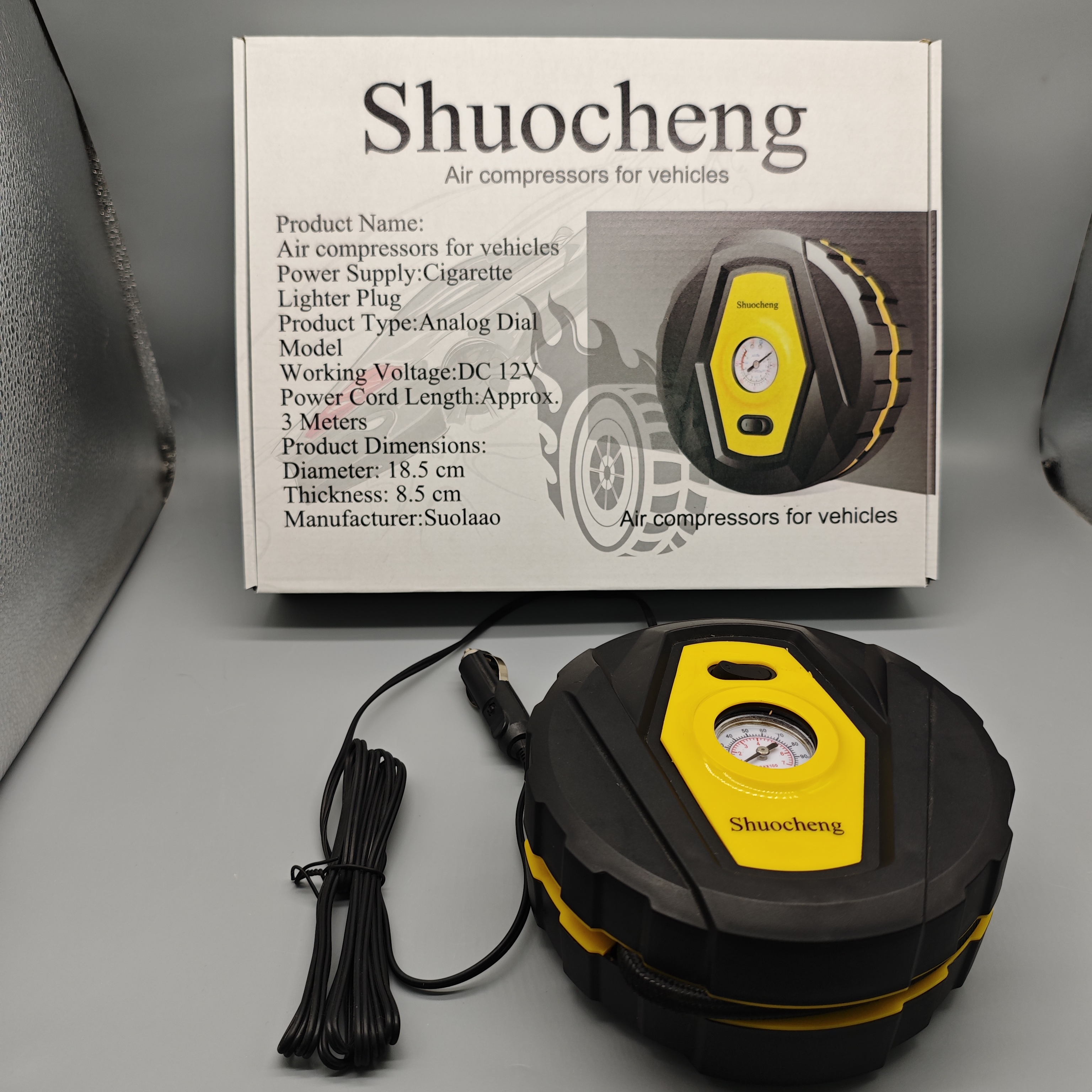 Shuocheng Air Compressor for Vehicles, DC12V, Analog Gauge, Cigarette Lighter Plug, 3m Power Cord, 18.5cm Diameter, 8.5cm Thick
