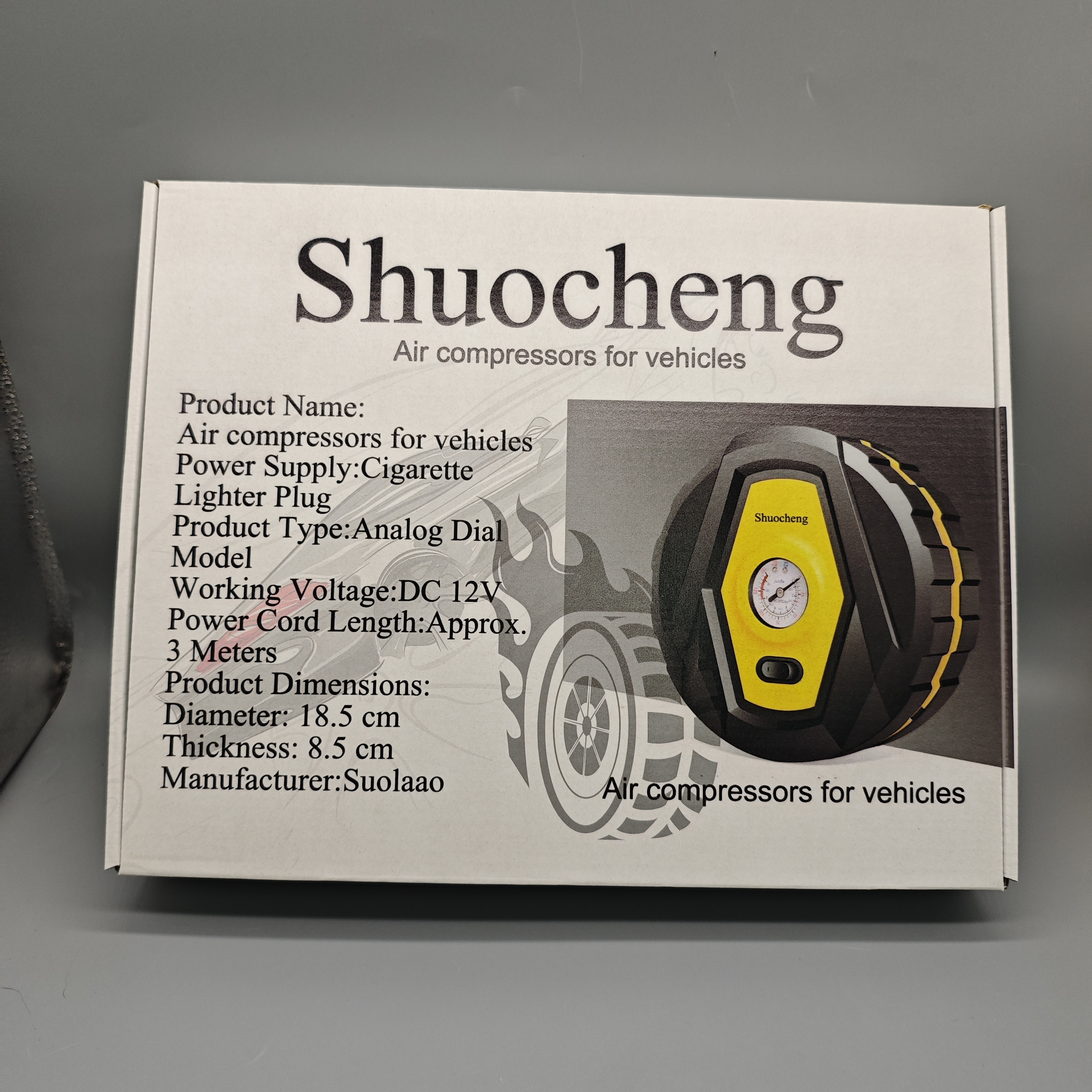 Shuocheng Air Compressor for Vehicles, DC12V, Analog Gauge, Cigarette Lighter Plug, 3m Power Cord, 18.5cm Diameter, 8.5cm Thick