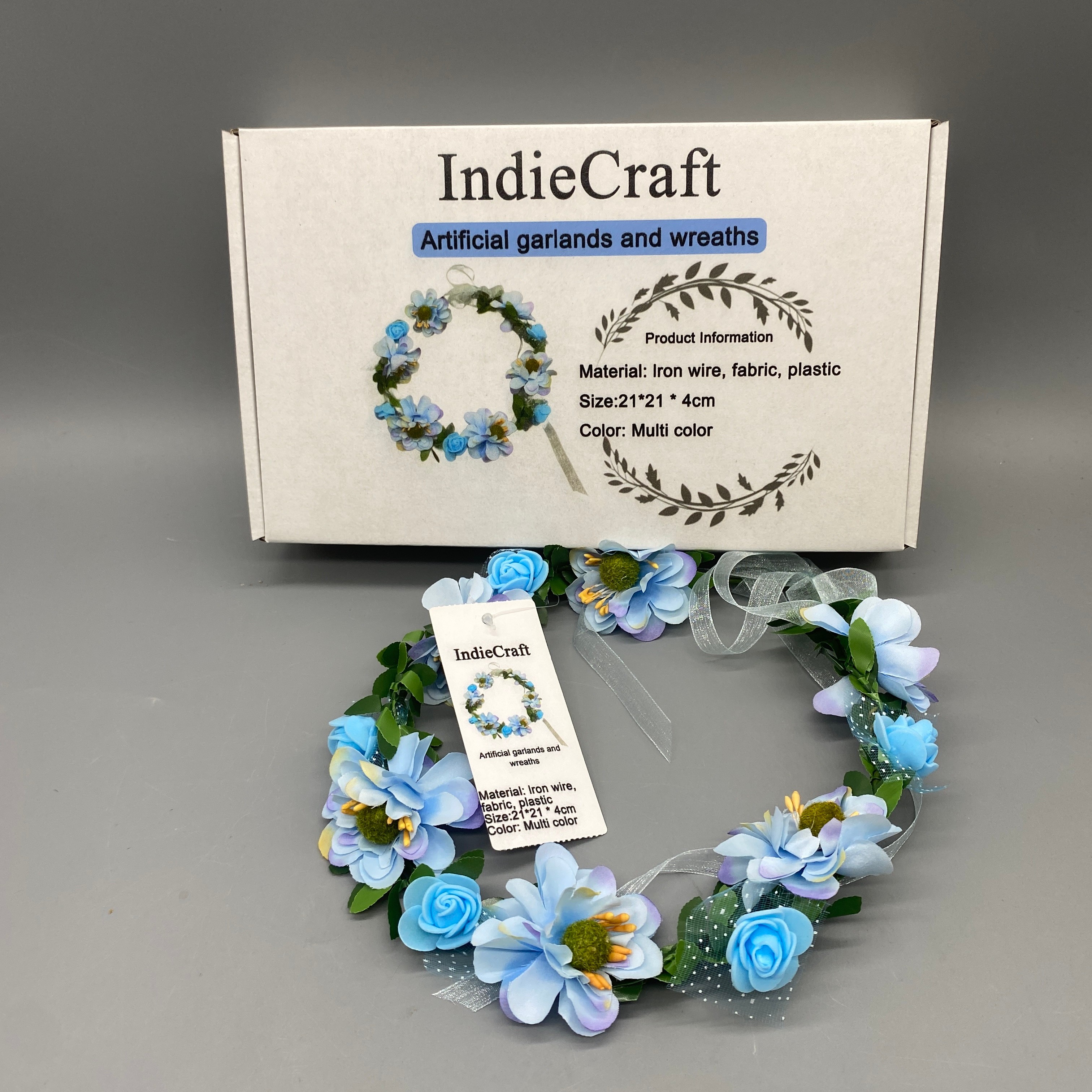 IndieCraft Artificial Garlands and Wreaths, 21×21×4cm, Mixed Materials (Wire, Fabric, Plastic), Blue-Themed Multi-Color Design
