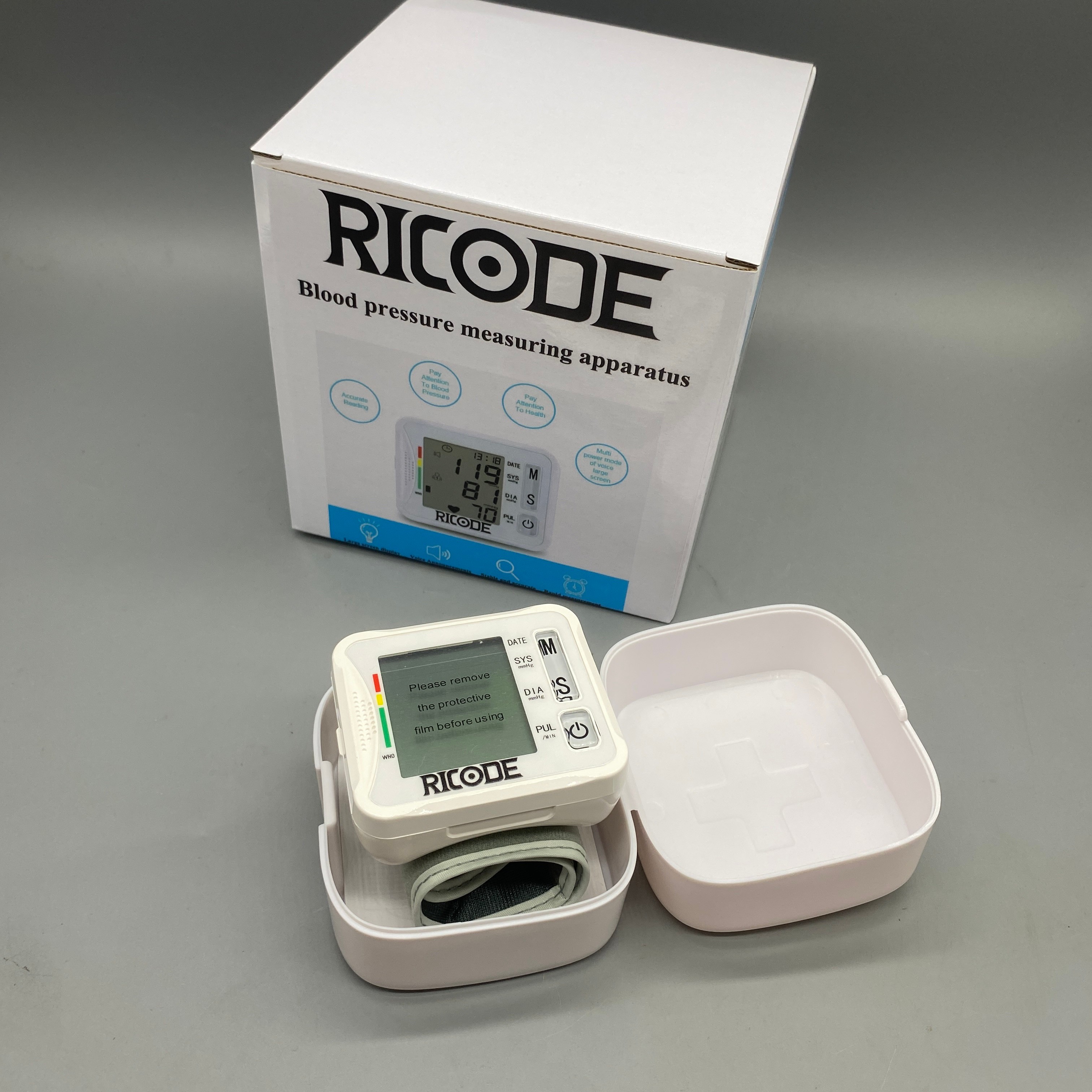 RICODE Blood pressure measuring apparatus -User Memory (99 Sets Each), 13.5-19.5 cm Wrist Circumference, LCD Display, Accurate Oscillometric Measurements, Battery Operated