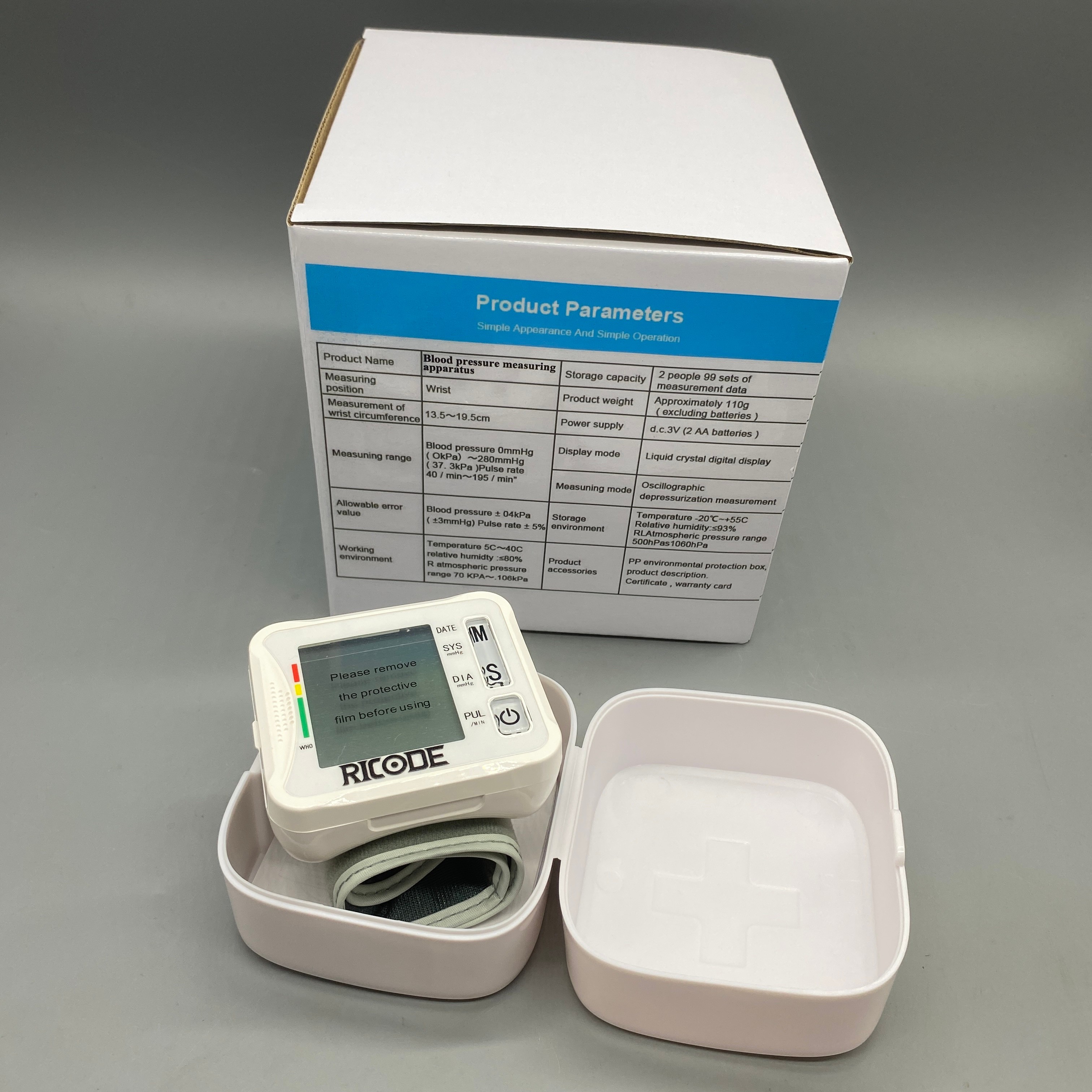 RICODE Blood pressure measuring apparatus -User Memory (99 Sets Each), 13.5-19.5 cm Wrist Circumference, LCD Display, Accurate Oscillometric Measurements, Battery Operated