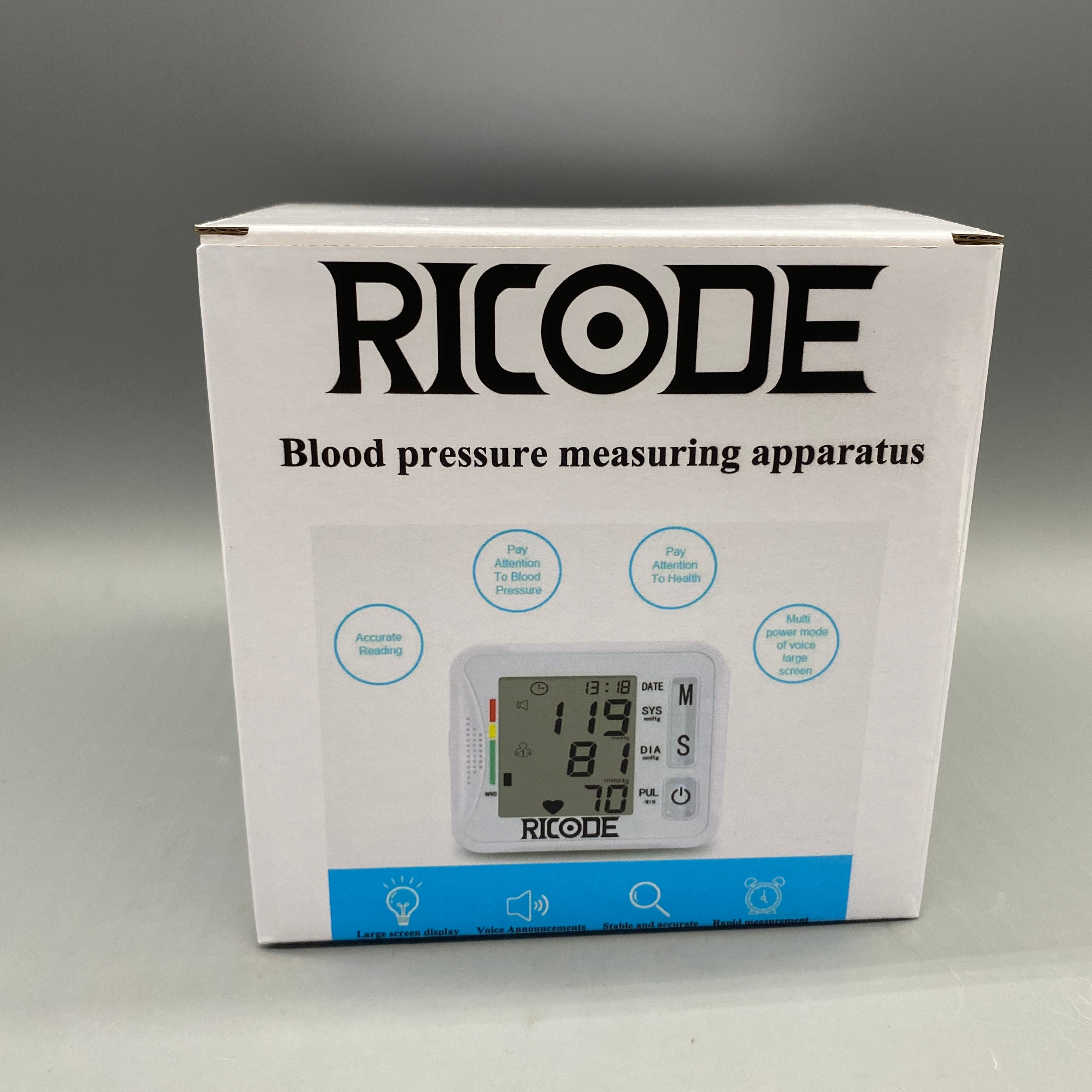 RICODE Blood pressure measuring apparatus -User Memory (99 Sets Each), 13.5-19.5 cm Wrist Circumference, LCD Display, Accurate Oscillometric Measurements, Battery Operated