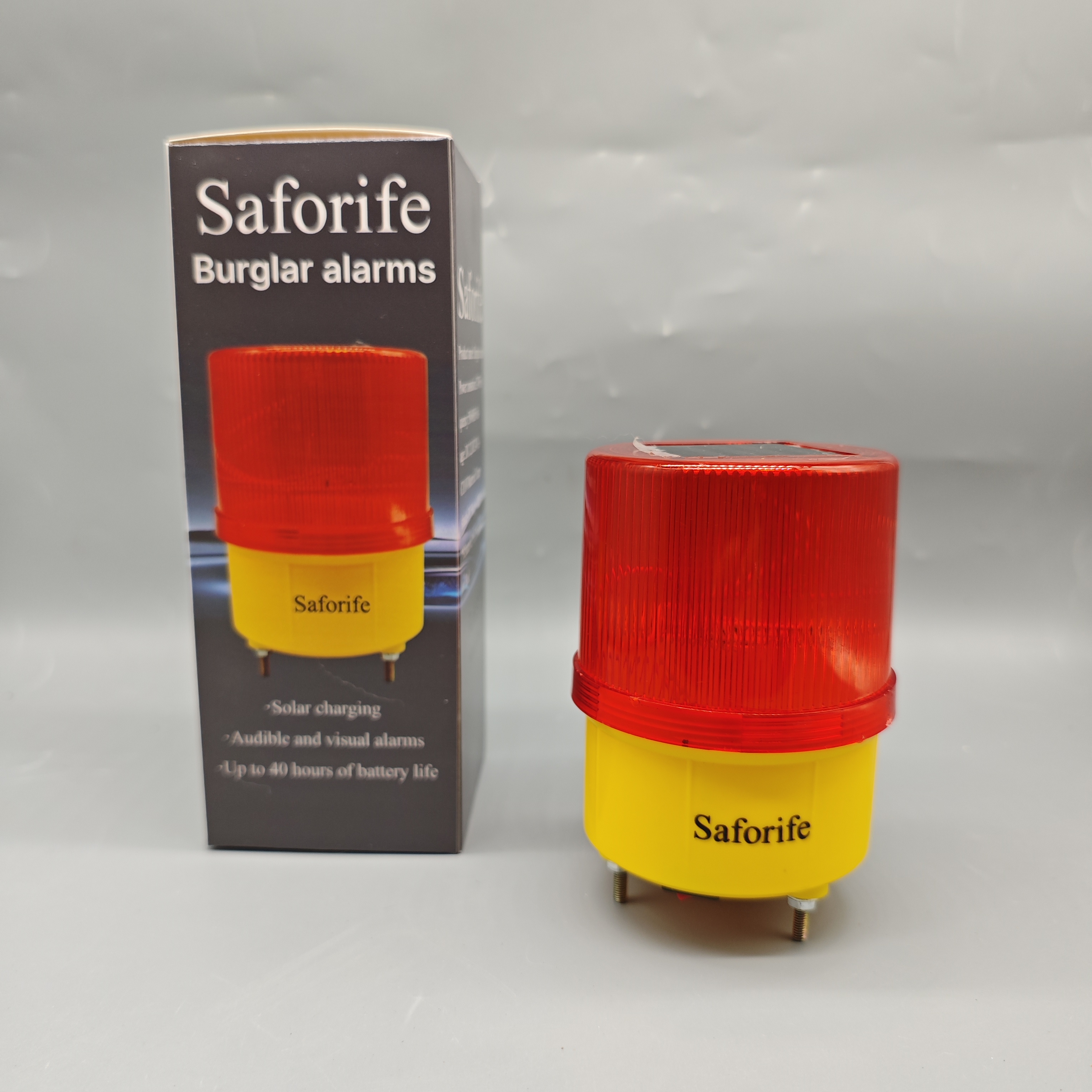 Saforife Burglar Alarm Red Solar Charging Siren Light DC12V/24V AC110V 2-3W 50/60Hz ABS PC Body 40H Long Battery
