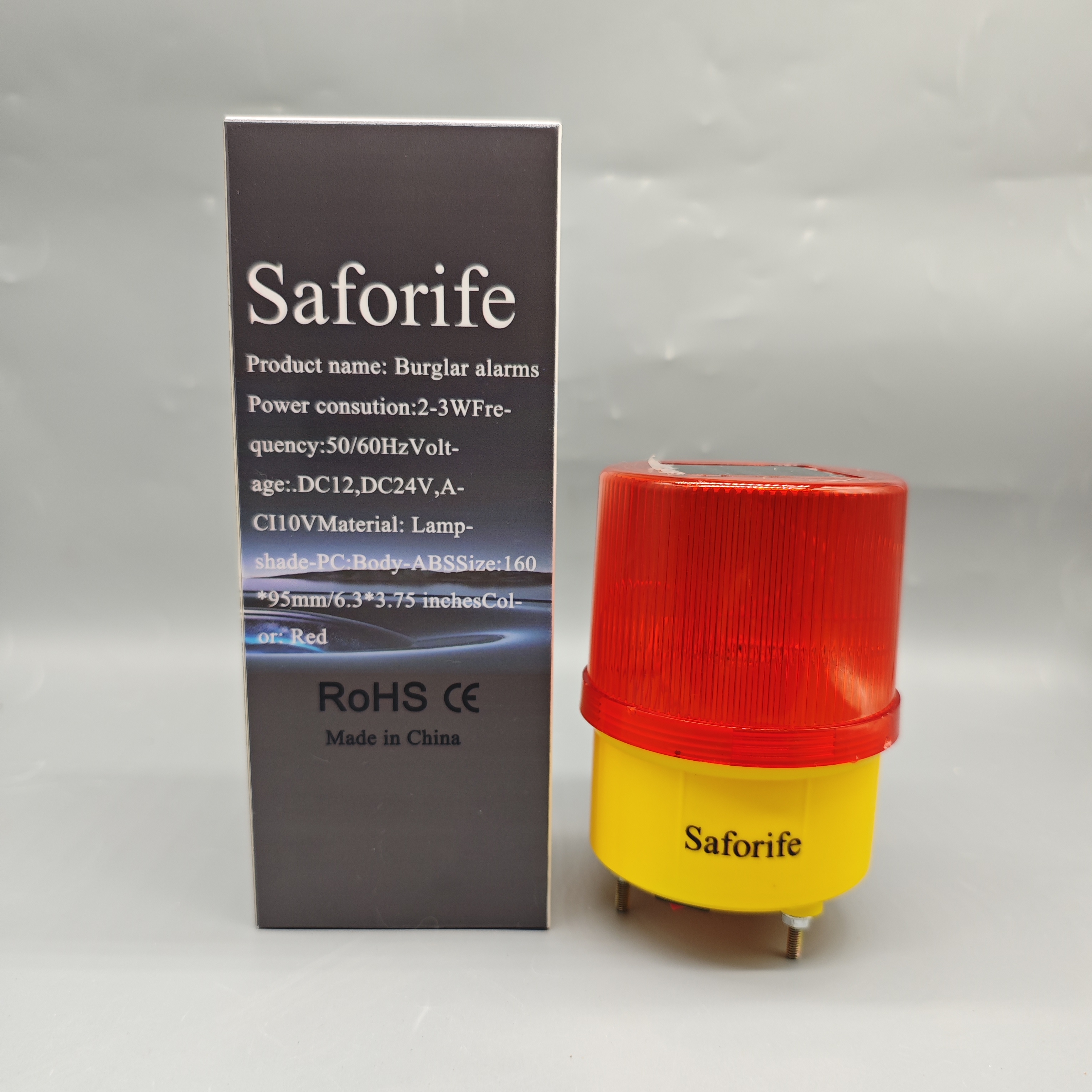 Saforife Burglar Alarm Red Solar Charging Siren Light DC12V/24V AC110V 2-3W 50/60Hz ABS PC Body 40H Long Battery