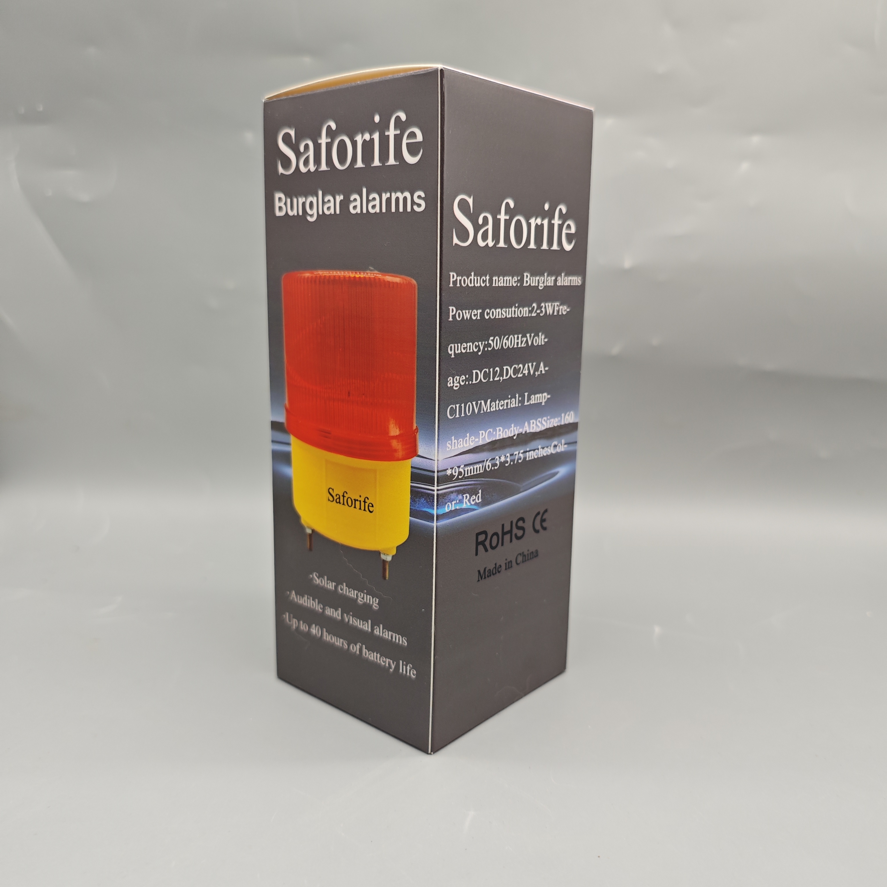 Saforife Burglar Alarm Red Solar Charging Siren Light DC12V/24V AC110V 2-3W 50/60Hz ABS PC Body 40H Long Battery