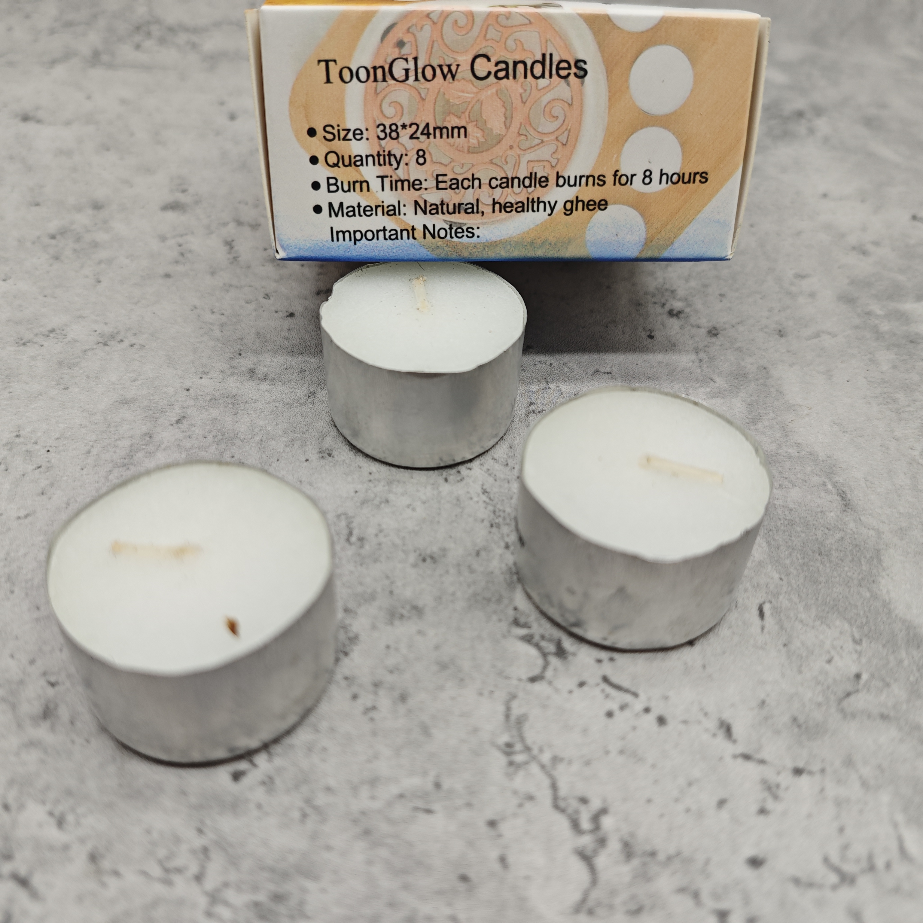 ToonGlow Candles – Natural Ghee Tealight Candles, 8 Pack, 38×24mm, Long-Lasting 8 Hours Burn Time, Healthy & Smokeless for Home, Spa, and Meditation