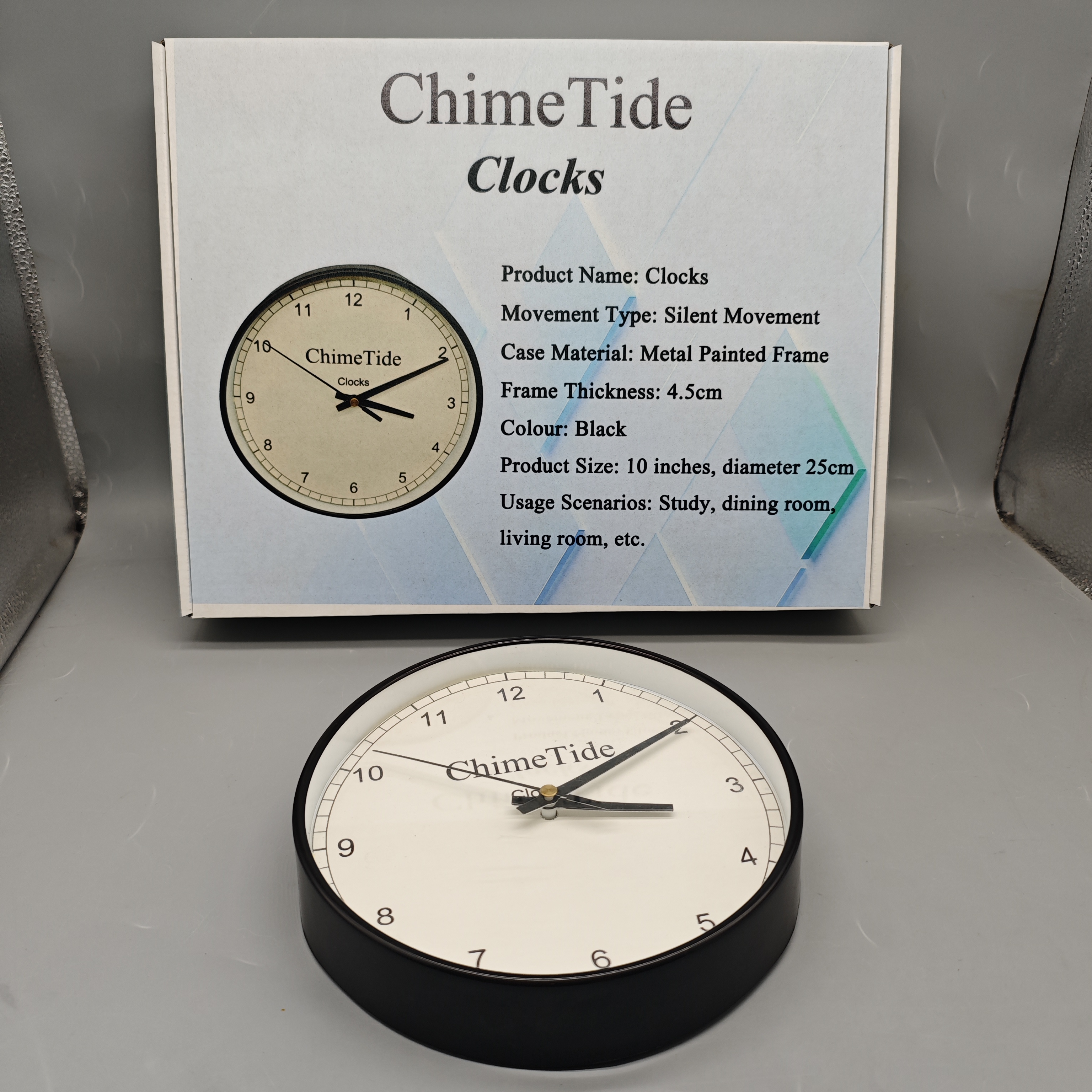 ChimeTide Clocks, 10-Inch Silent Movement Wall Clock, 25cm Black Metal Frame, 4.5cm Thick, for Living Room, Dining Room, Study