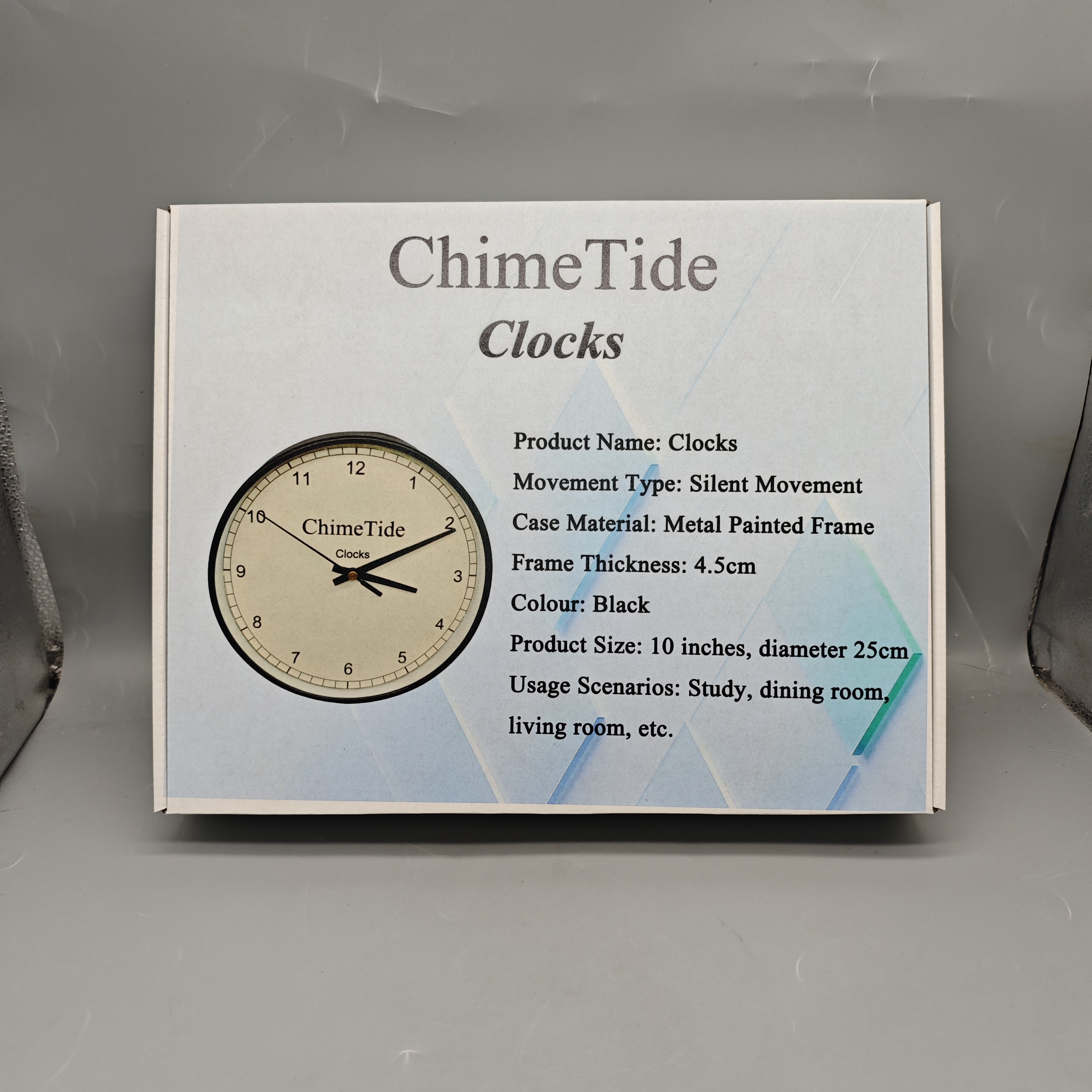 ChimeTide Clocks, 10-Inch Silent Movement Wall Clock, 25cm Black Metal Frame, 4.5cm Thick, for Living Room, Dining Room, Study