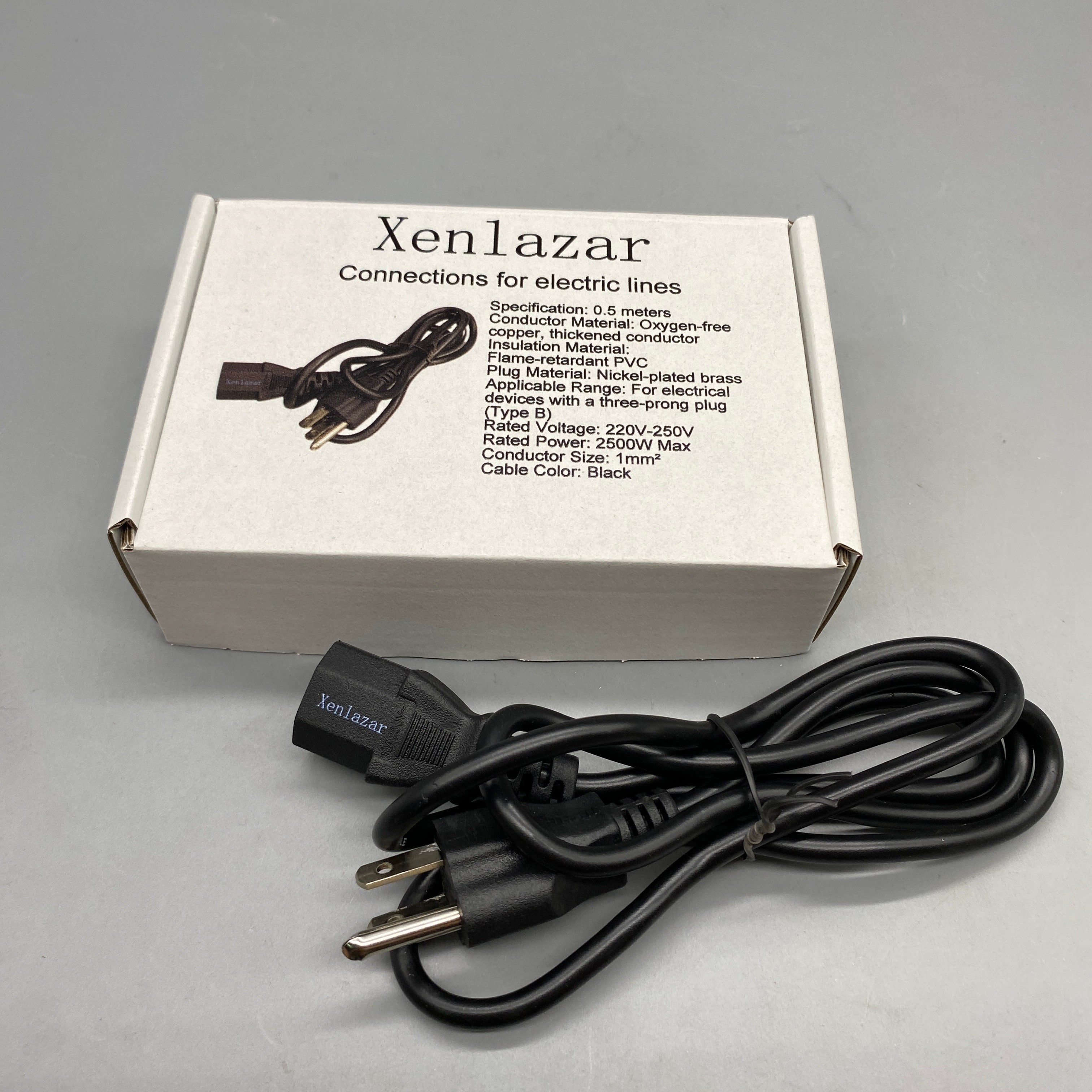 Xenlazar Connections for electric lines, 0.5m, Oxygen-Free Copper, Heavy-Duty PVC Insulation, Nickel-Plated Brass Plug, 220V-255V, 2500W, Black Cable for Electrical Devices