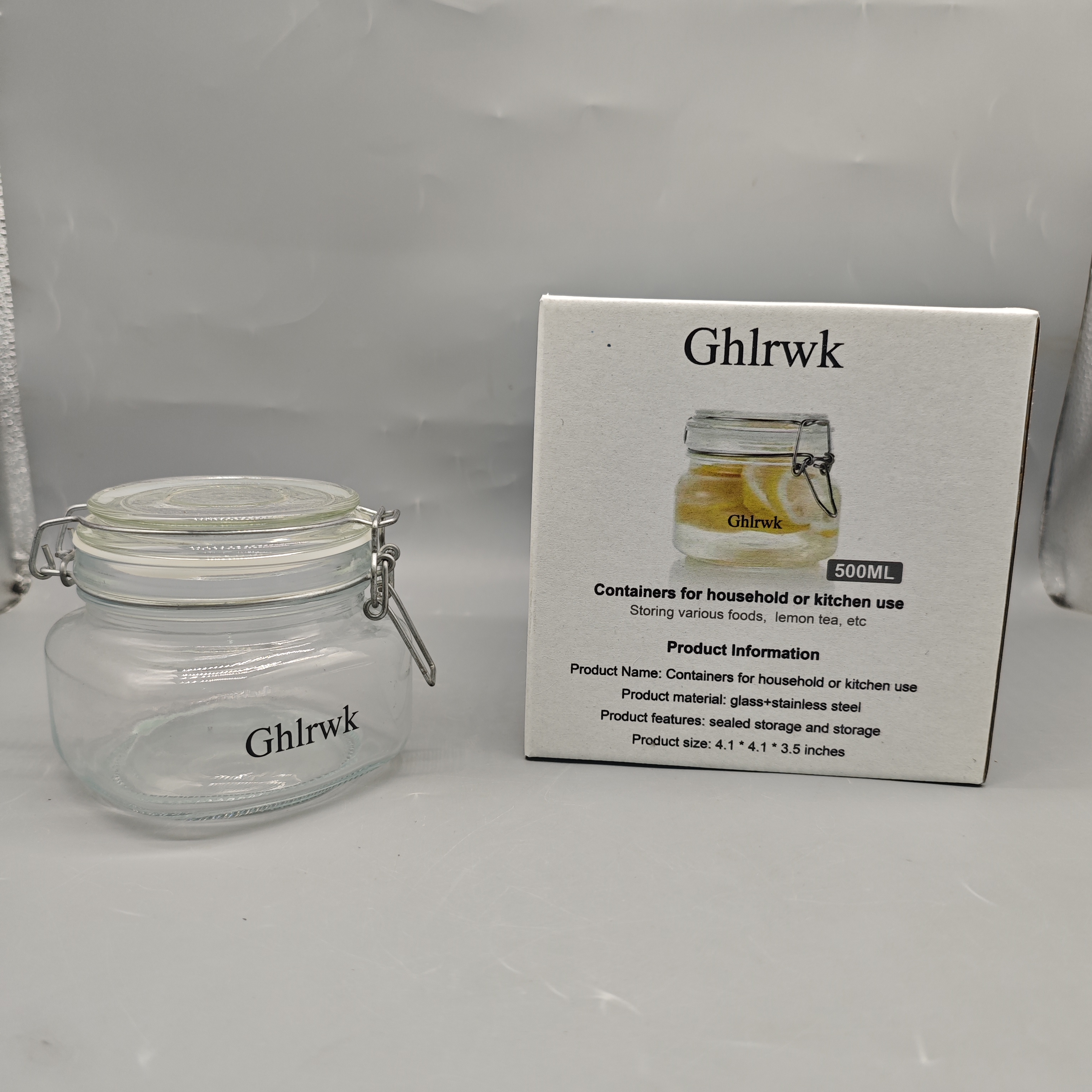 Ghlrwk Containers for Household or Kitchen Use, Glass and Stainless Steel, 500ml Capacity, Airtight Seal, 4.1×4.1×3.5 in