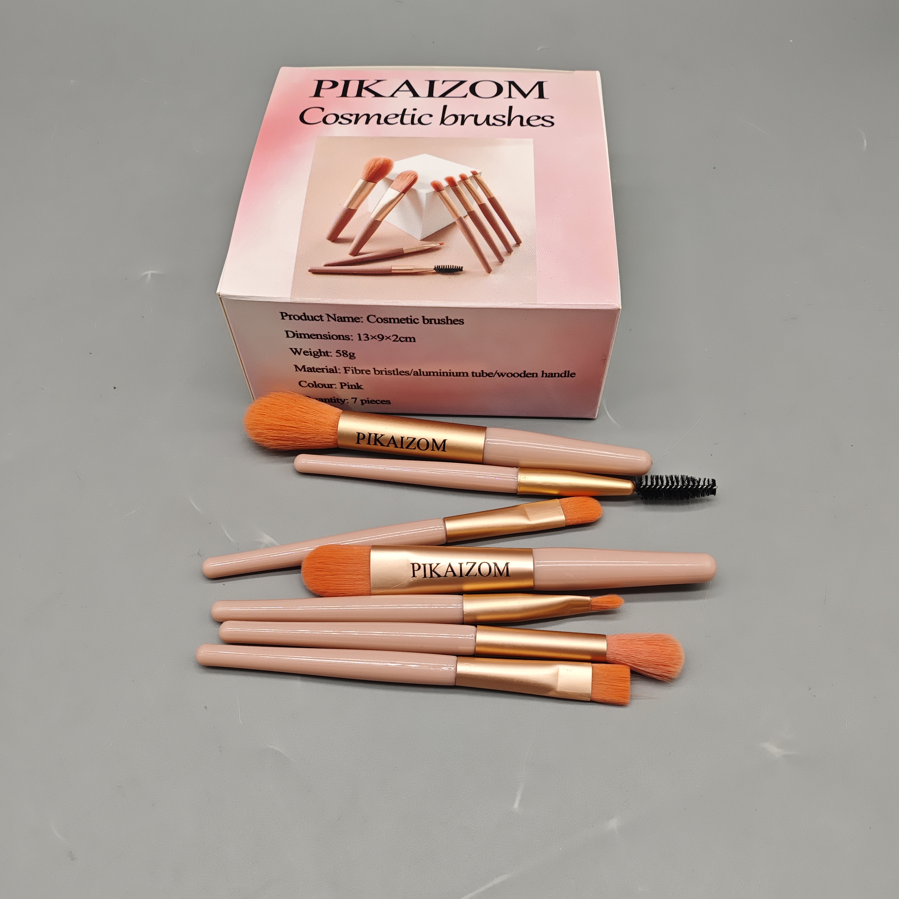 PIKAIZOM Cosmetic Brushes Set, 7-Piece Pink Makeup Brushes, Soft Fiber Bristles, Aluminum Tube & Wooden Handle, 13x9x2cm, For Blending, Contouring & Foundation
