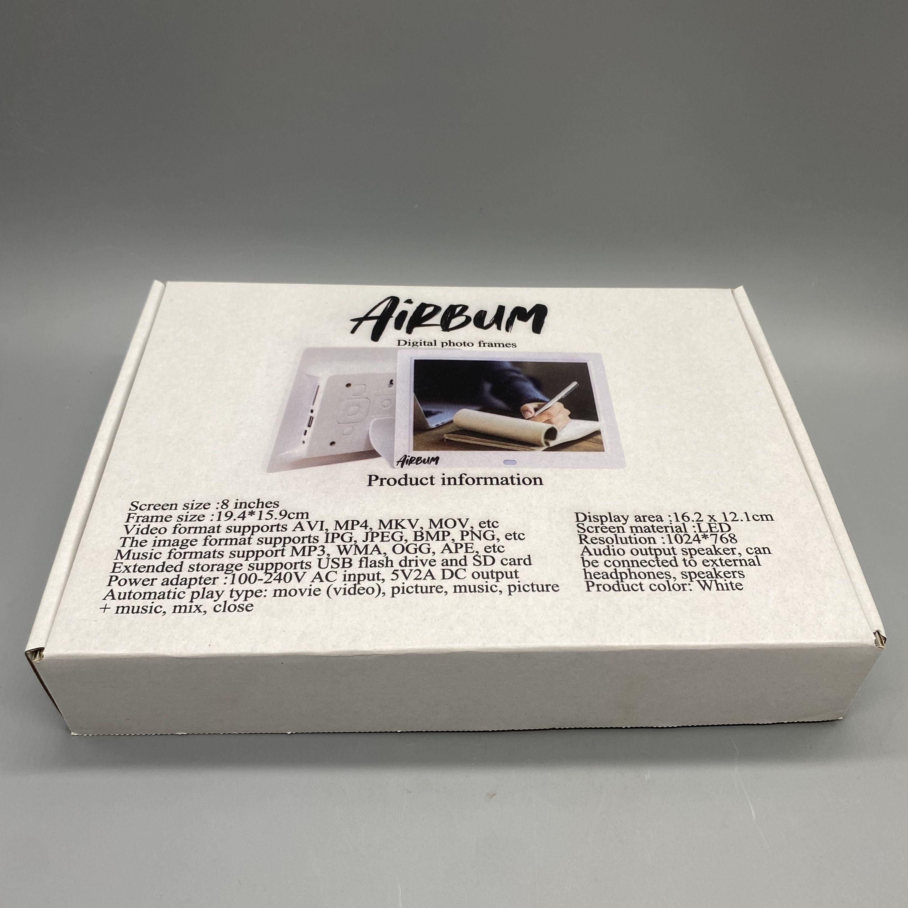 AiRBum 8-Inch Digital Photo Frame - 1024x768 Resolution, Supports Video/Photo/Music, USB & SD Card Slots, White