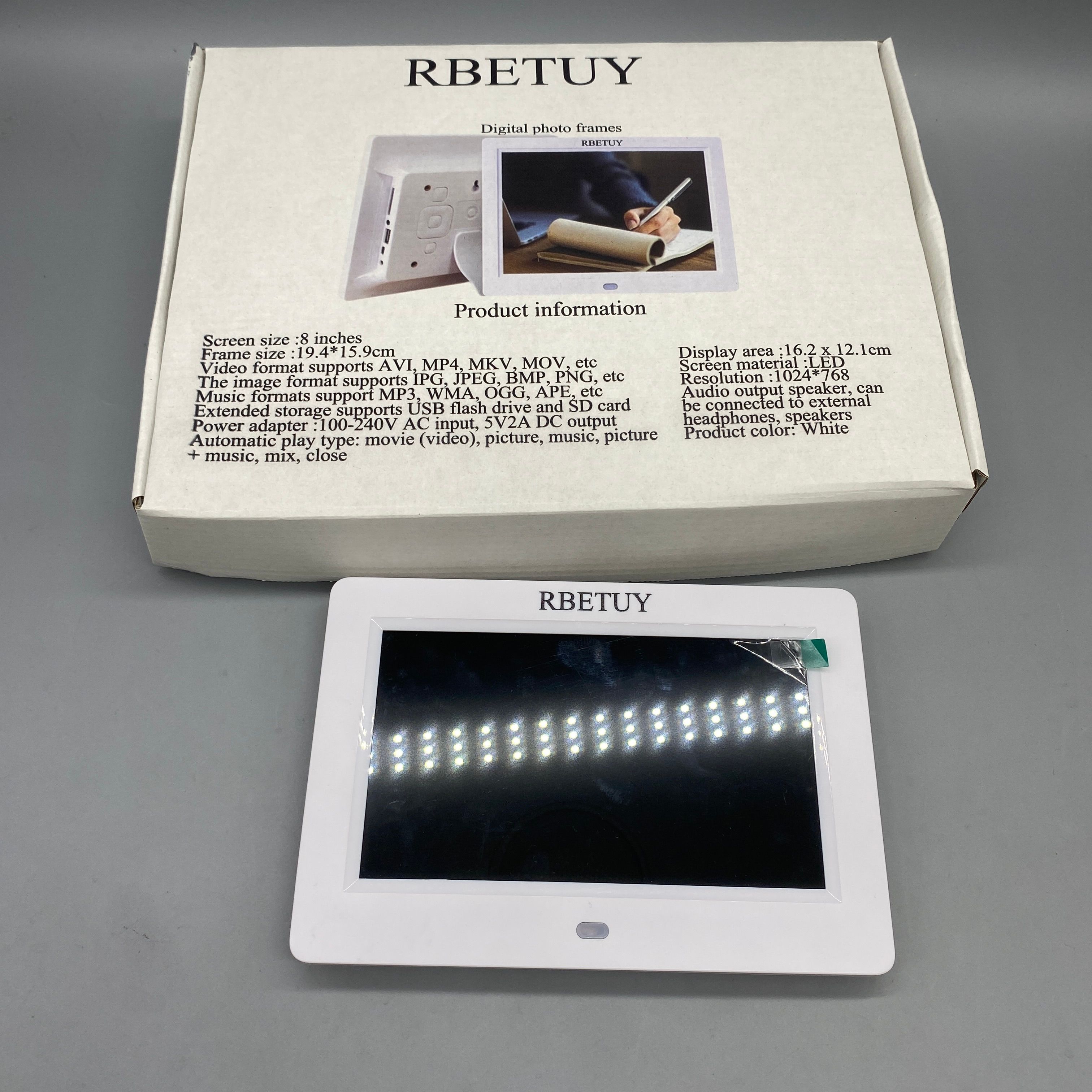 RBETUY Digital photo frames, 1024x768 Resolution, Supports AVI/MP4/MKV, USB/SD Card, Auto Slideshow, White Frame