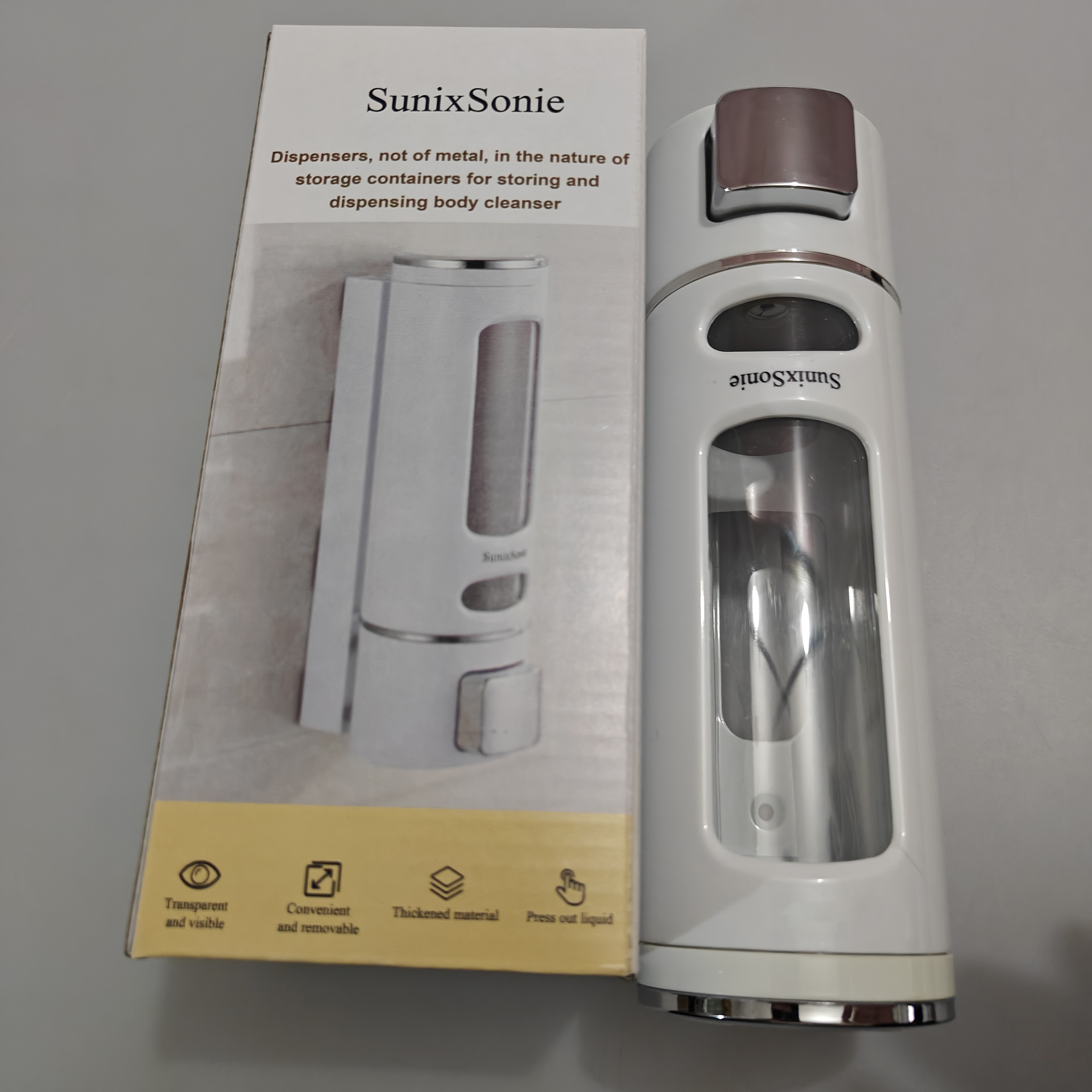 SunixSonie Dispensers, not of metal, in the nature of storage containers for storing and dispensing body cleanser, Stylish Wall-Mounted Dispensers 