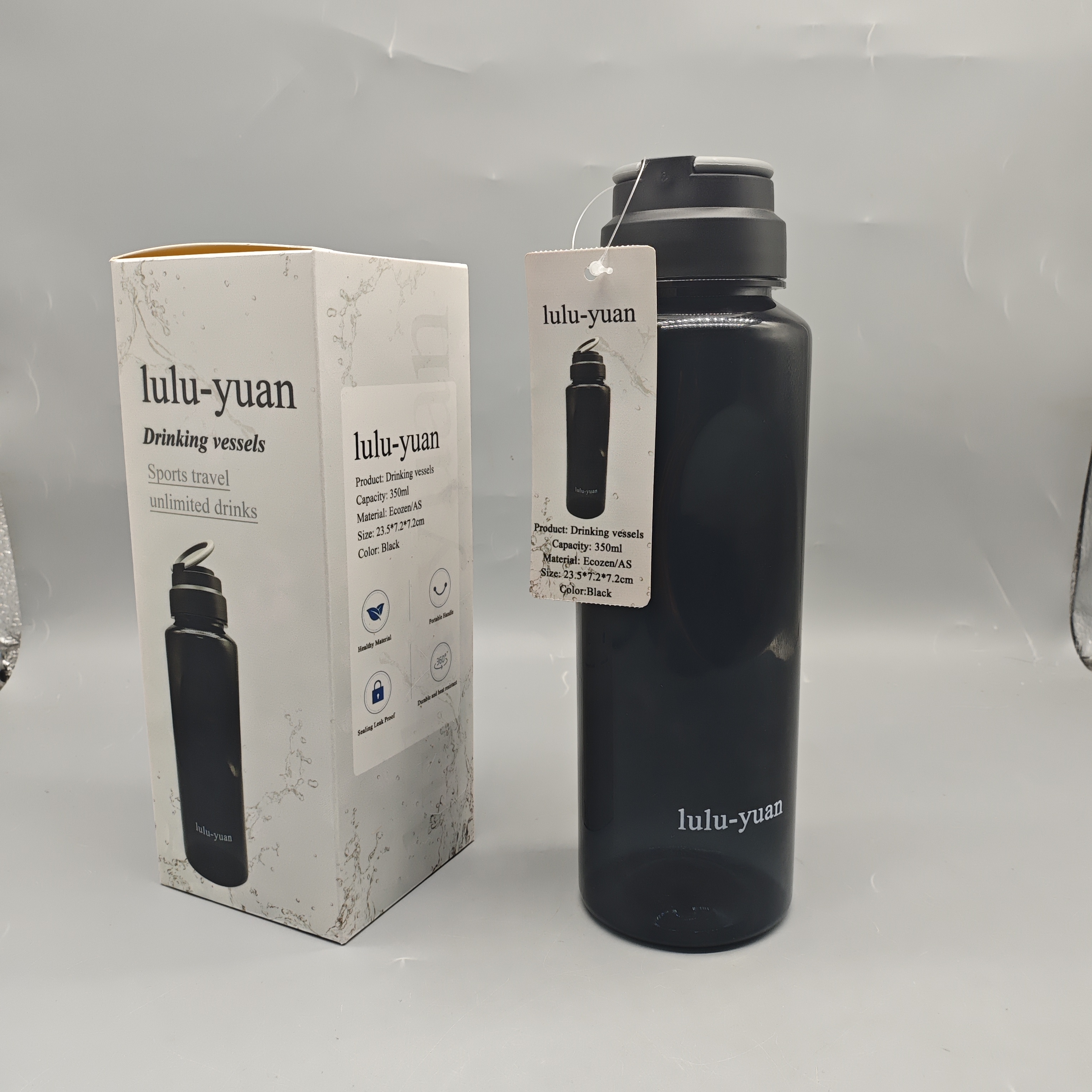 ulu-yuan Drinking Vessels, 350ml Ecozen/AS Reusable Cup, Black Water Bottle 23.5×7.2cm, Durable & Portable Drinkware for Office, Travel, and Daily Use