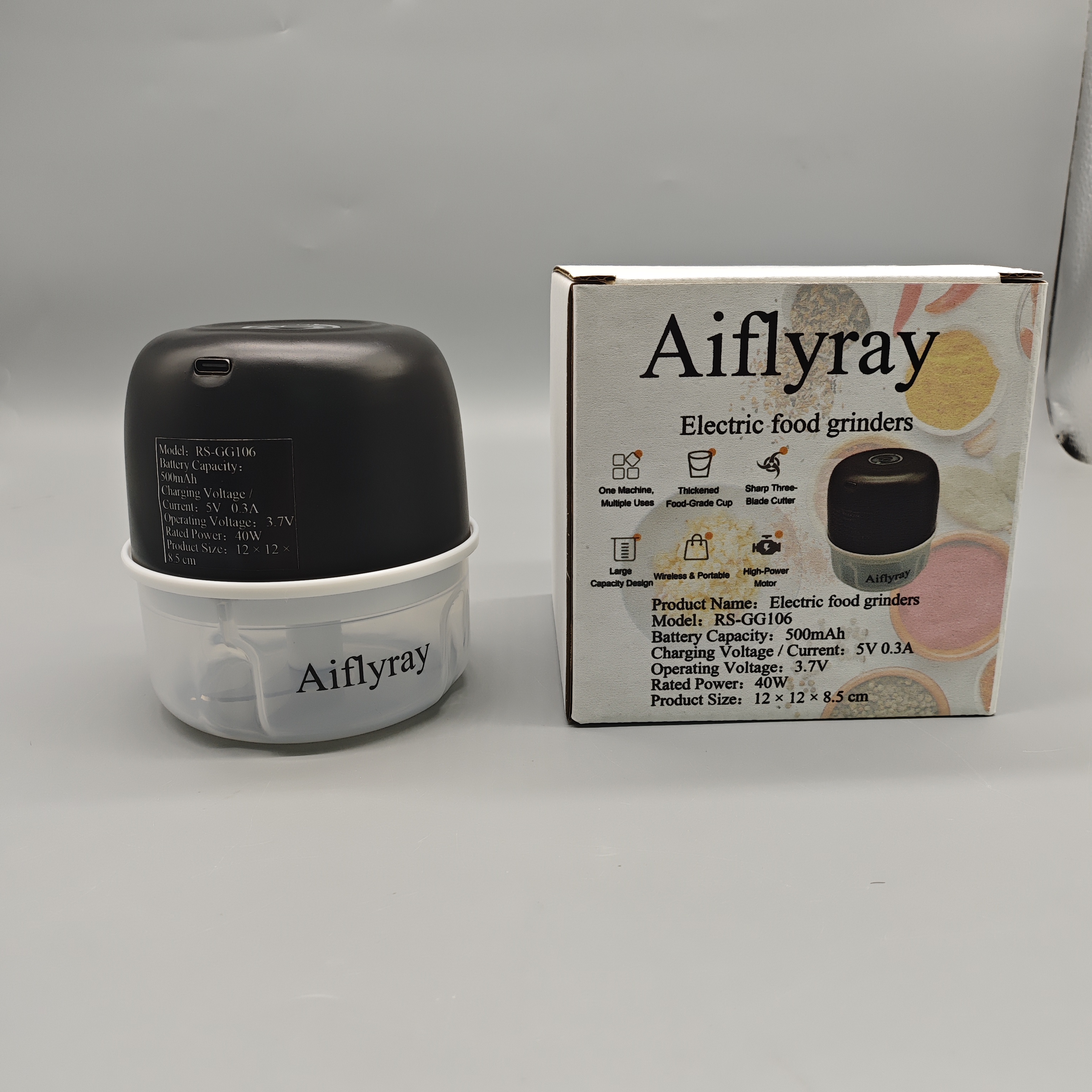Aiflyray Electric Food Grinders, 12×12×8.5cm Portable Wireless Chopper with 500mAh Battery, 40W High-Power Motor, Food-Grade Thick Cup, Sharp 3-Blade Cutter, Multipurpose Design
