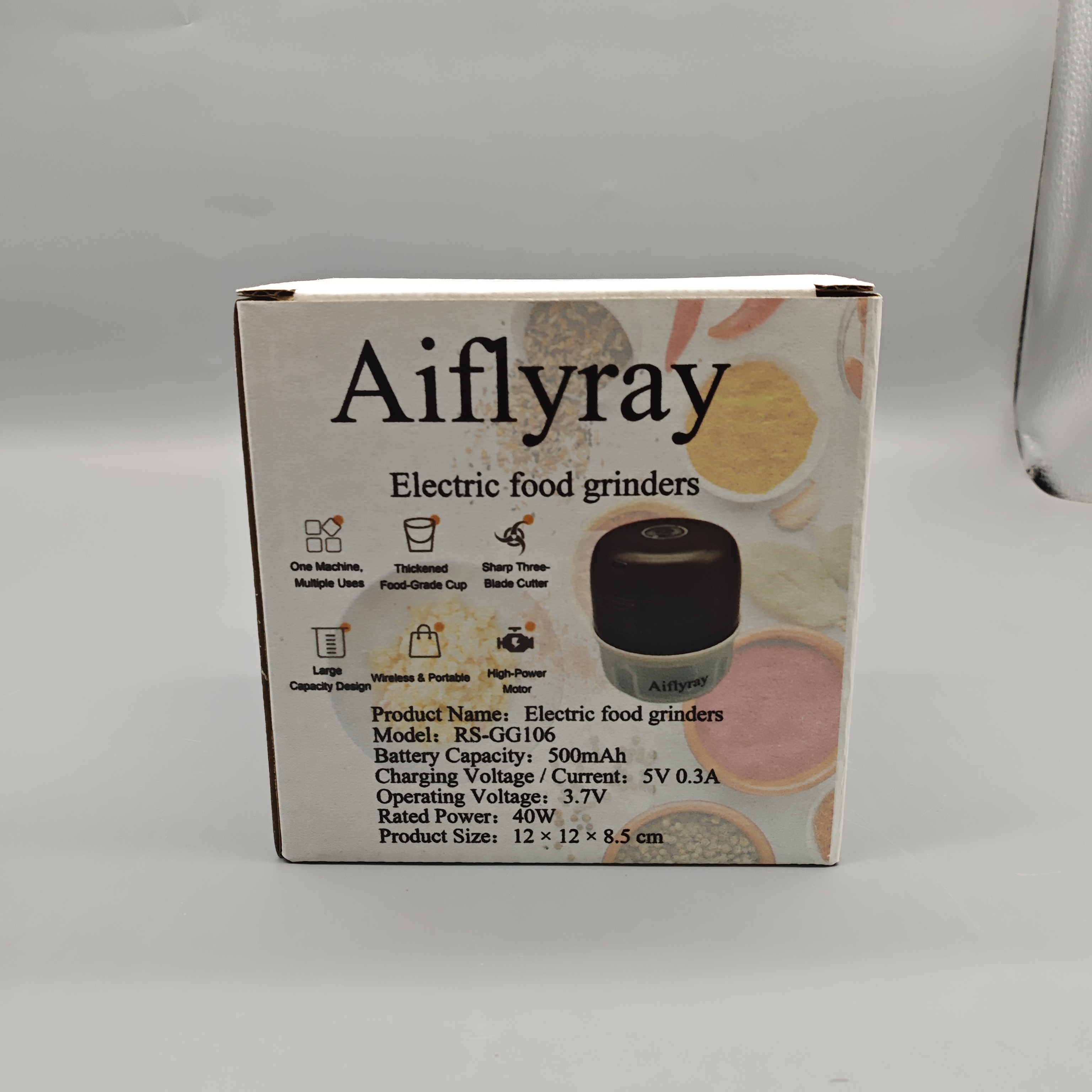 Aiflyray Electric Food Grinders, 12×12×8.5cm Portable Wireless Chopper with 500mAh Battery, 40W High-Power Motor, Food-Grade Thick Cup, Sharp 3-Blade Cutter, Multipurpose Design