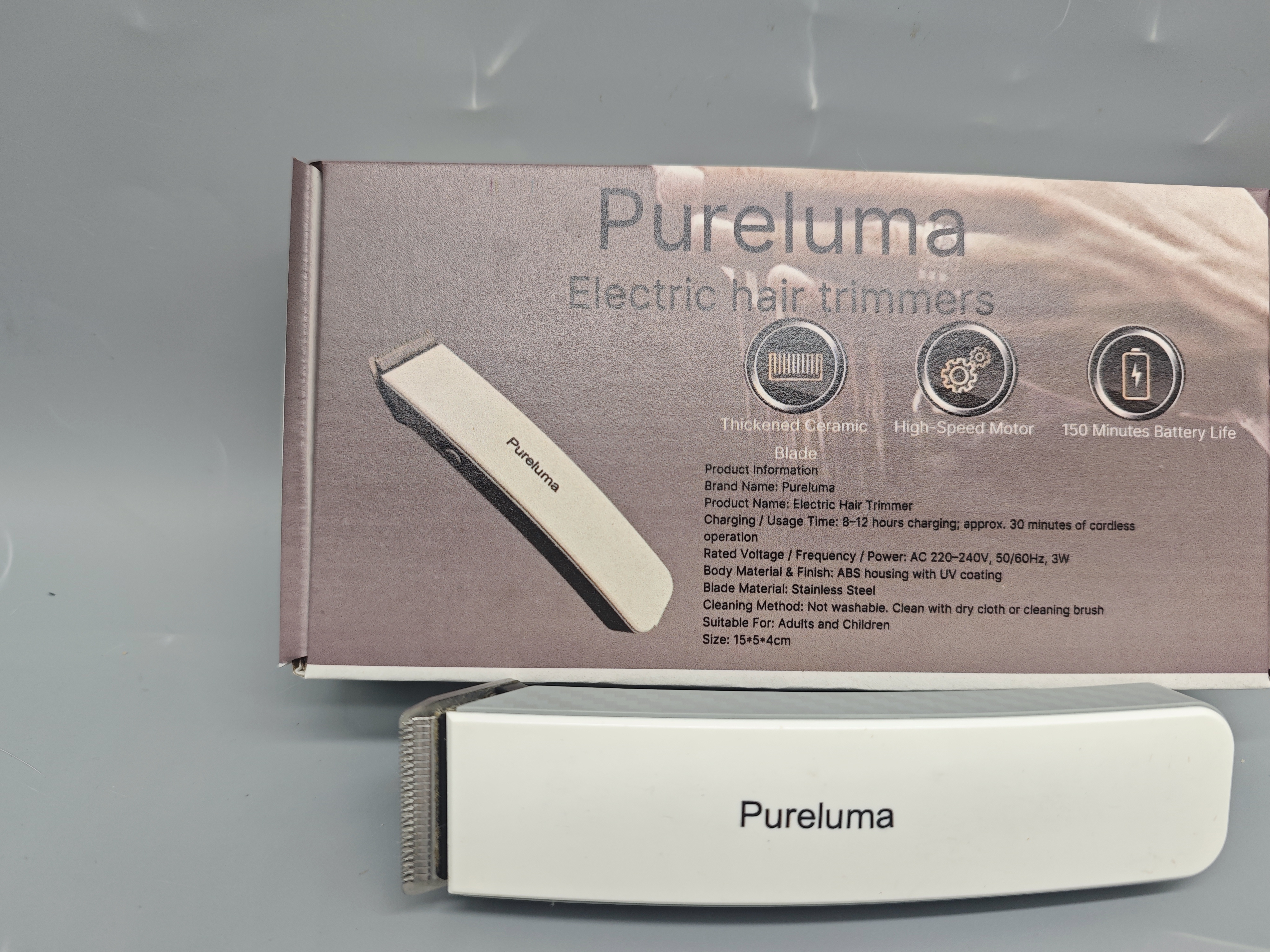 Pureluma Electric Hair Trimmer with Thickened Ceramic Blade, High-Speed Motor, 150-Minute Cordless Use, Stainless Steel Blade, Compact 15×5×4cm, Suitable for Adults & Children